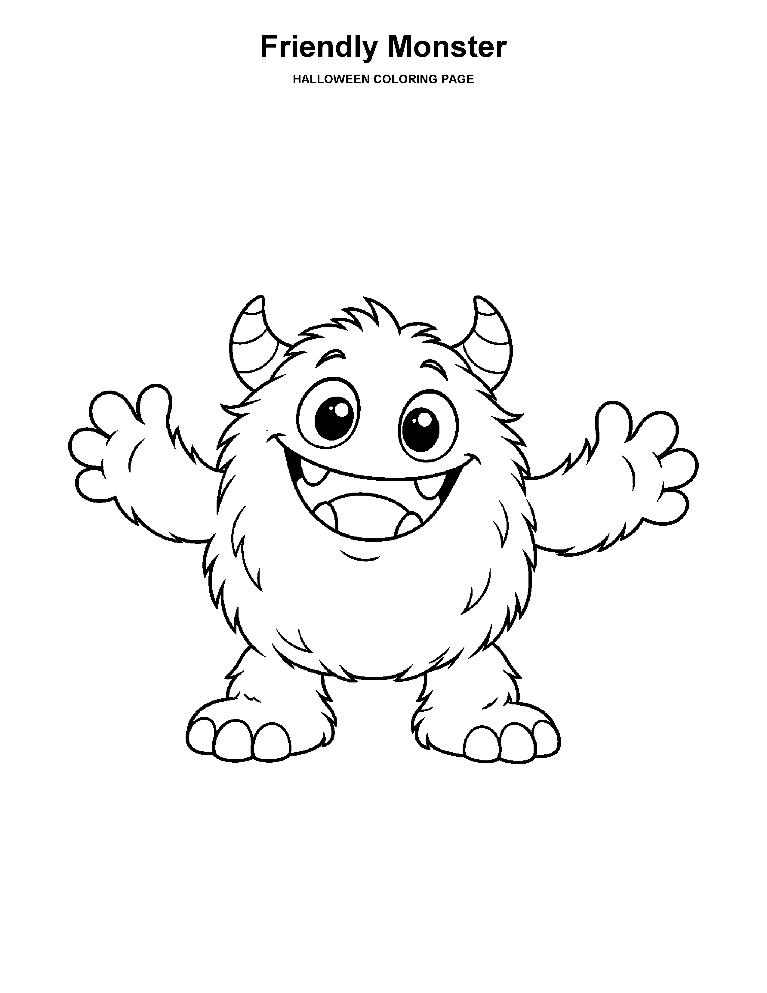 Friendly Monster coloring page: A round, playful monster stands with its arms open.