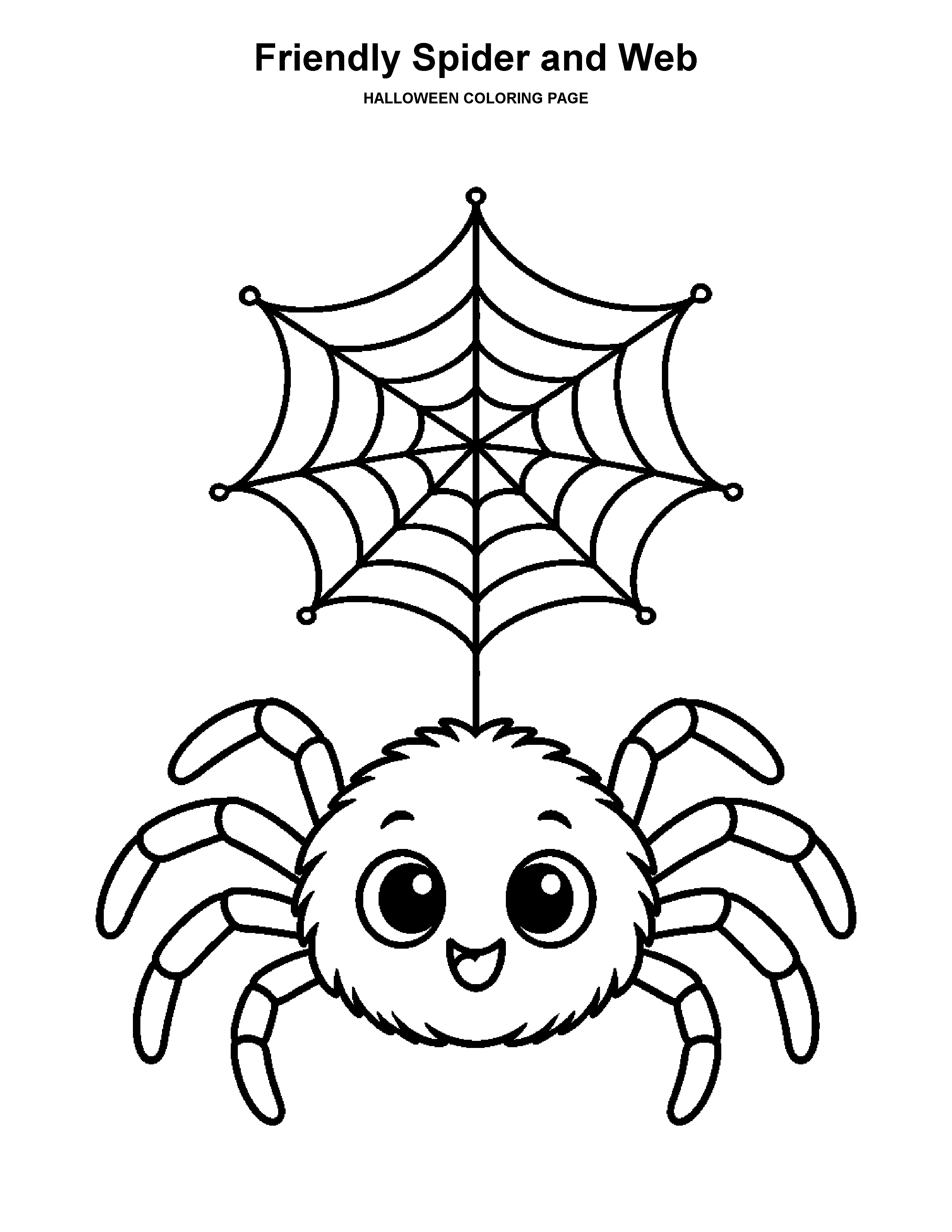 Friendly Spider and Web coloring page: A cute spider hangs beneath a complete web.