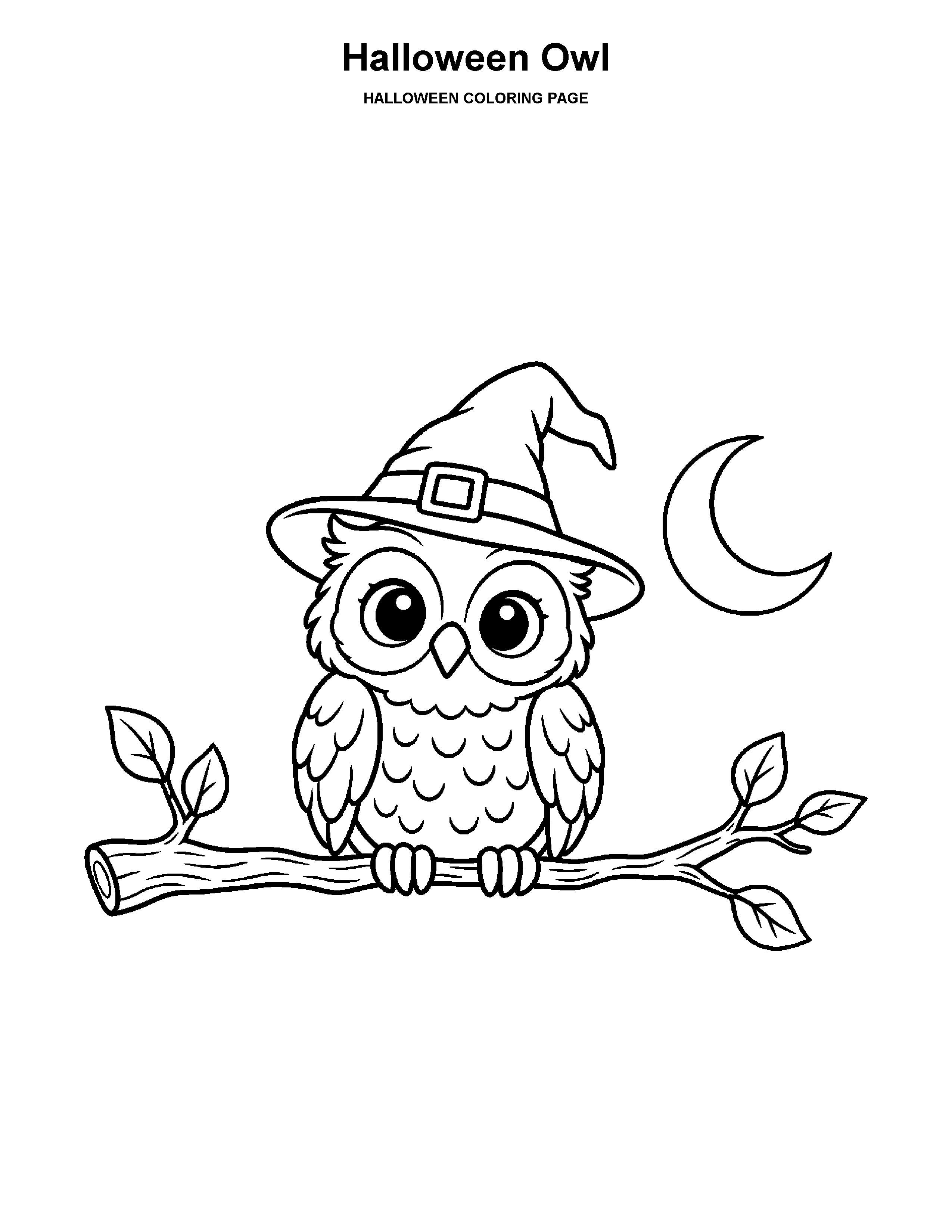 Halloween Owl coloring page: A little owl perches on a branch beneath a crescent moon.