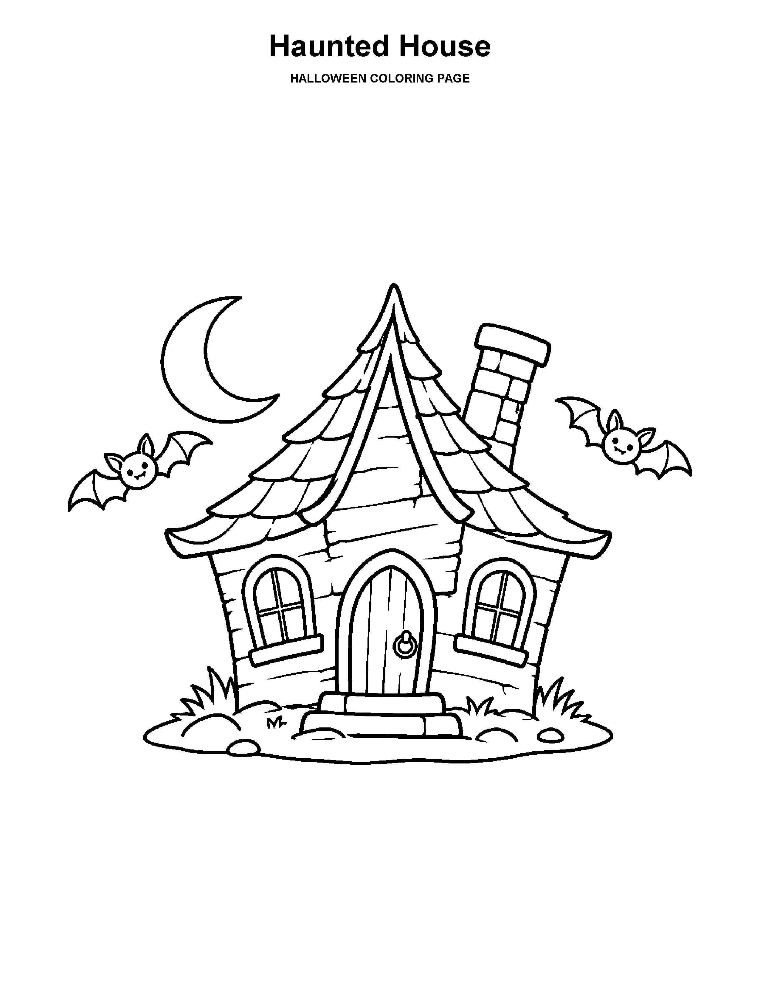 Haunted House coloring page: A playful little haunted house stands beneath a crescent moon.