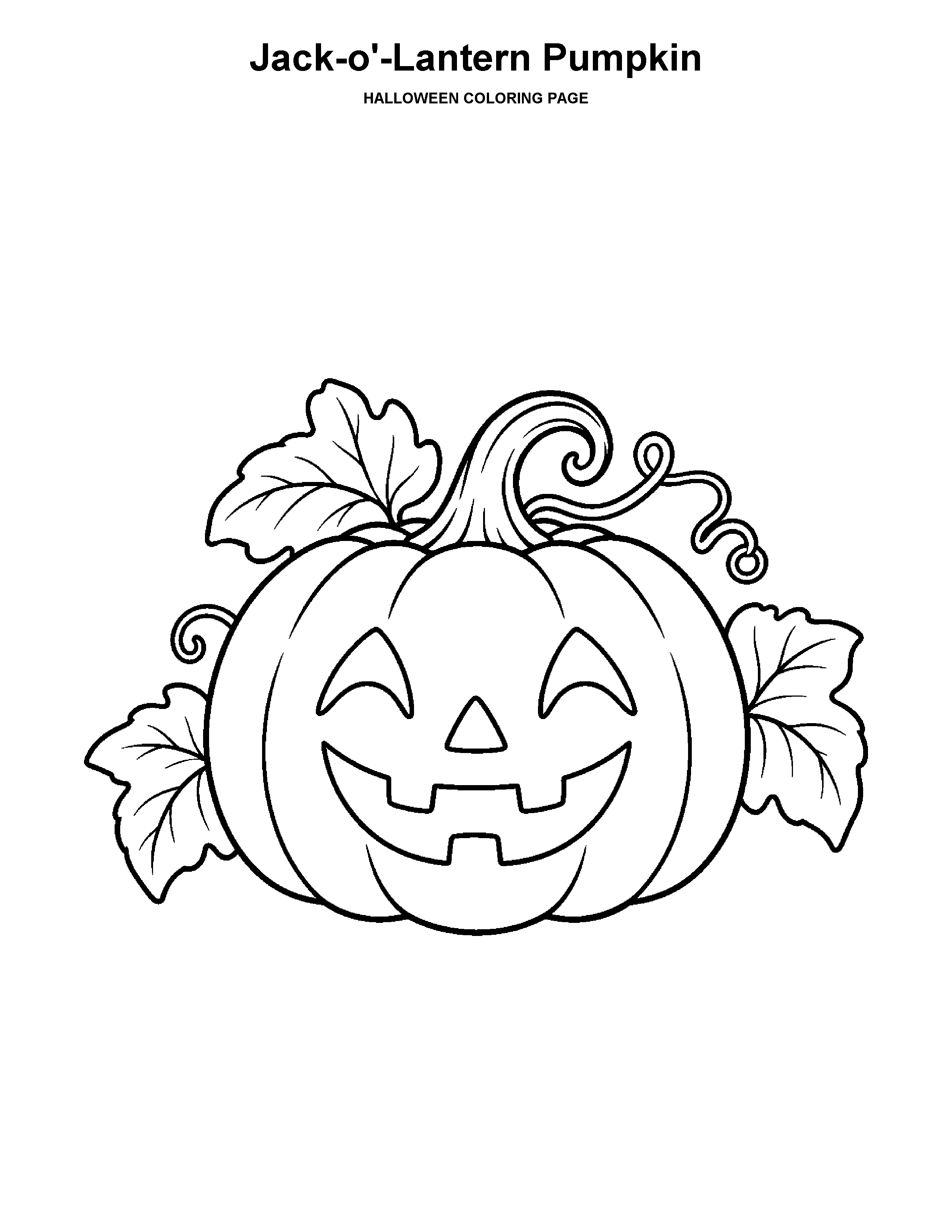 Jack-o'-Lantern Pumpkin coloring page: A cheerful jack-o'lantern with broad leaves and a curly stem.