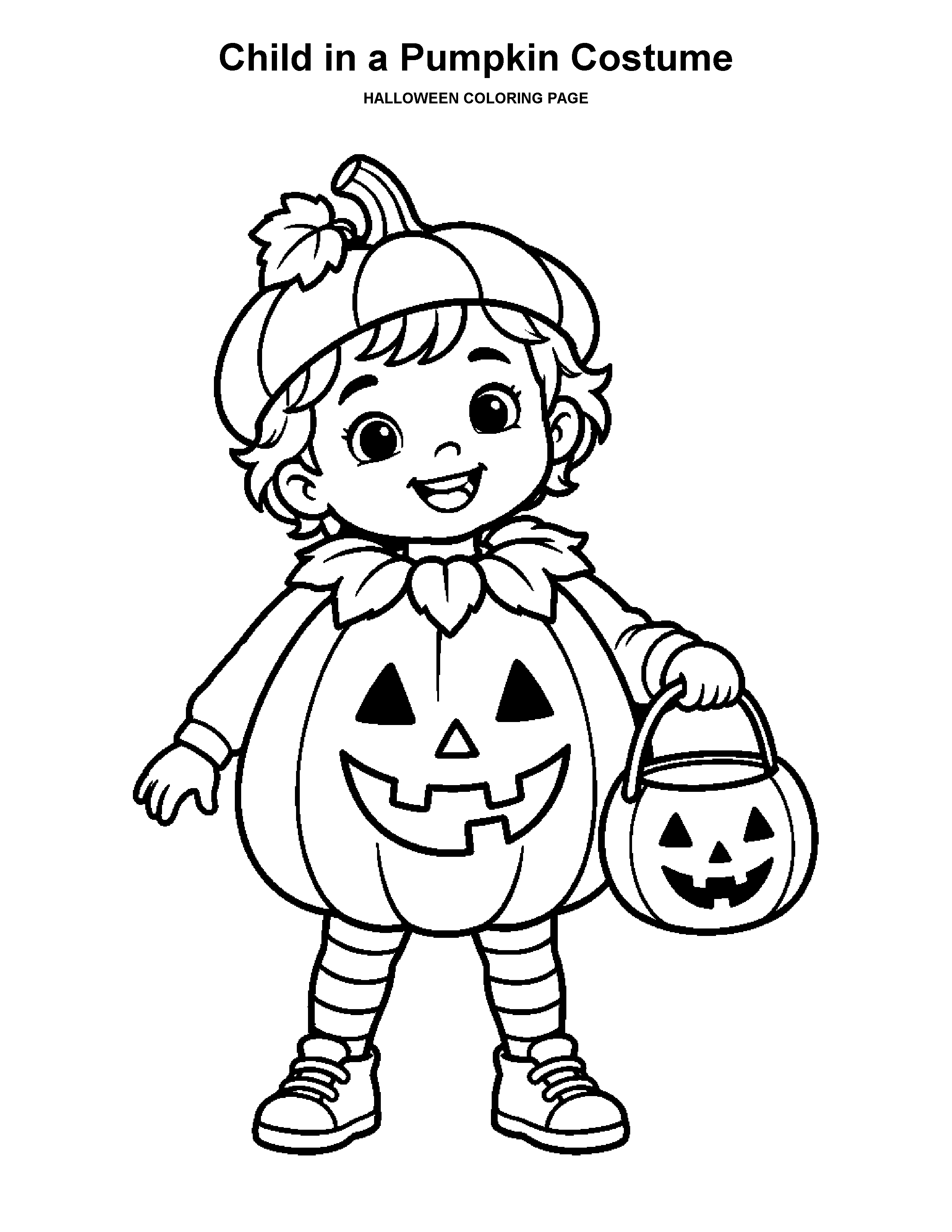 Child in a Pumpkin Costume coloring page: A child in a pumpkin costume holds a trick-or-treat bucket.