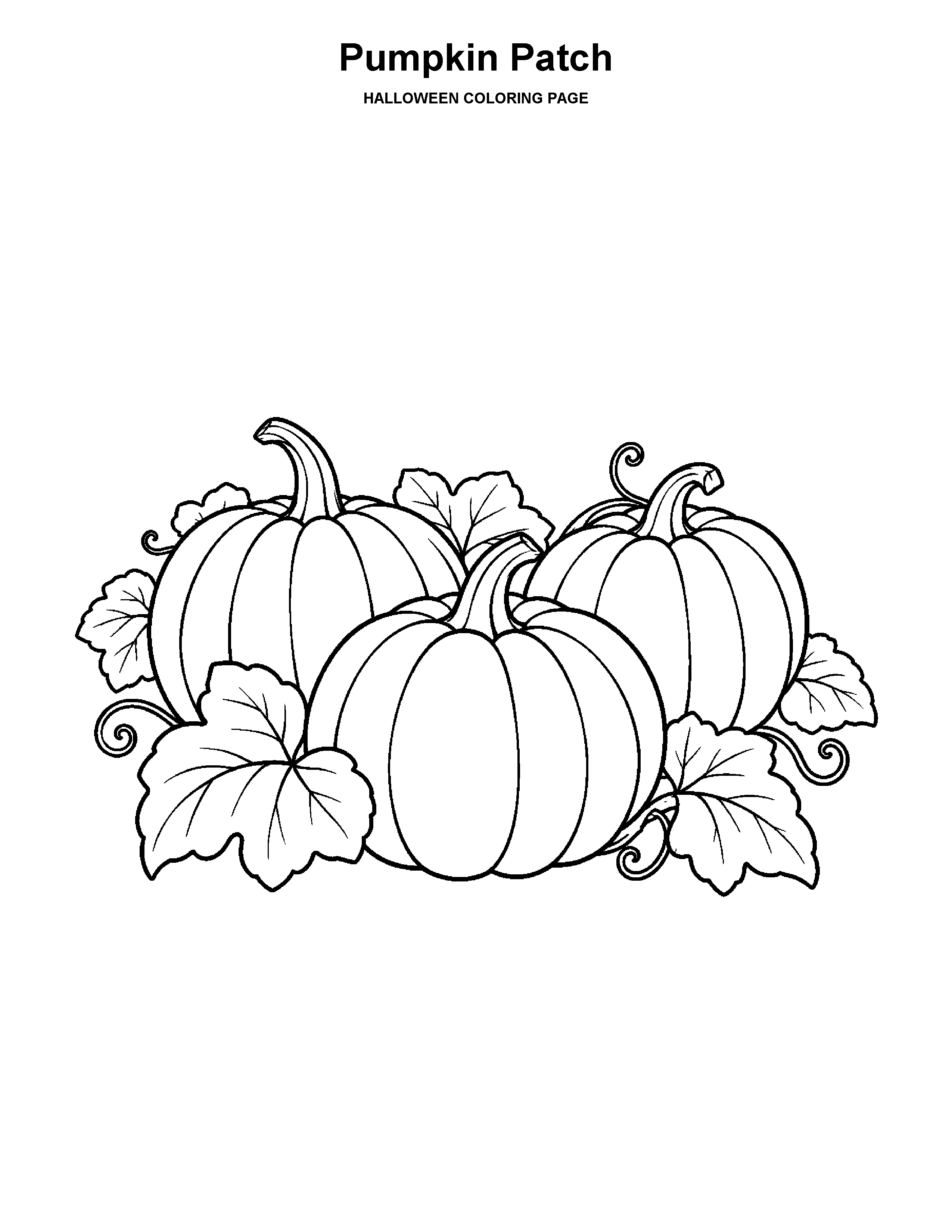 Pumpkin Patch coloring page: Three large pumpkins with broad leaves fill a simple patch.