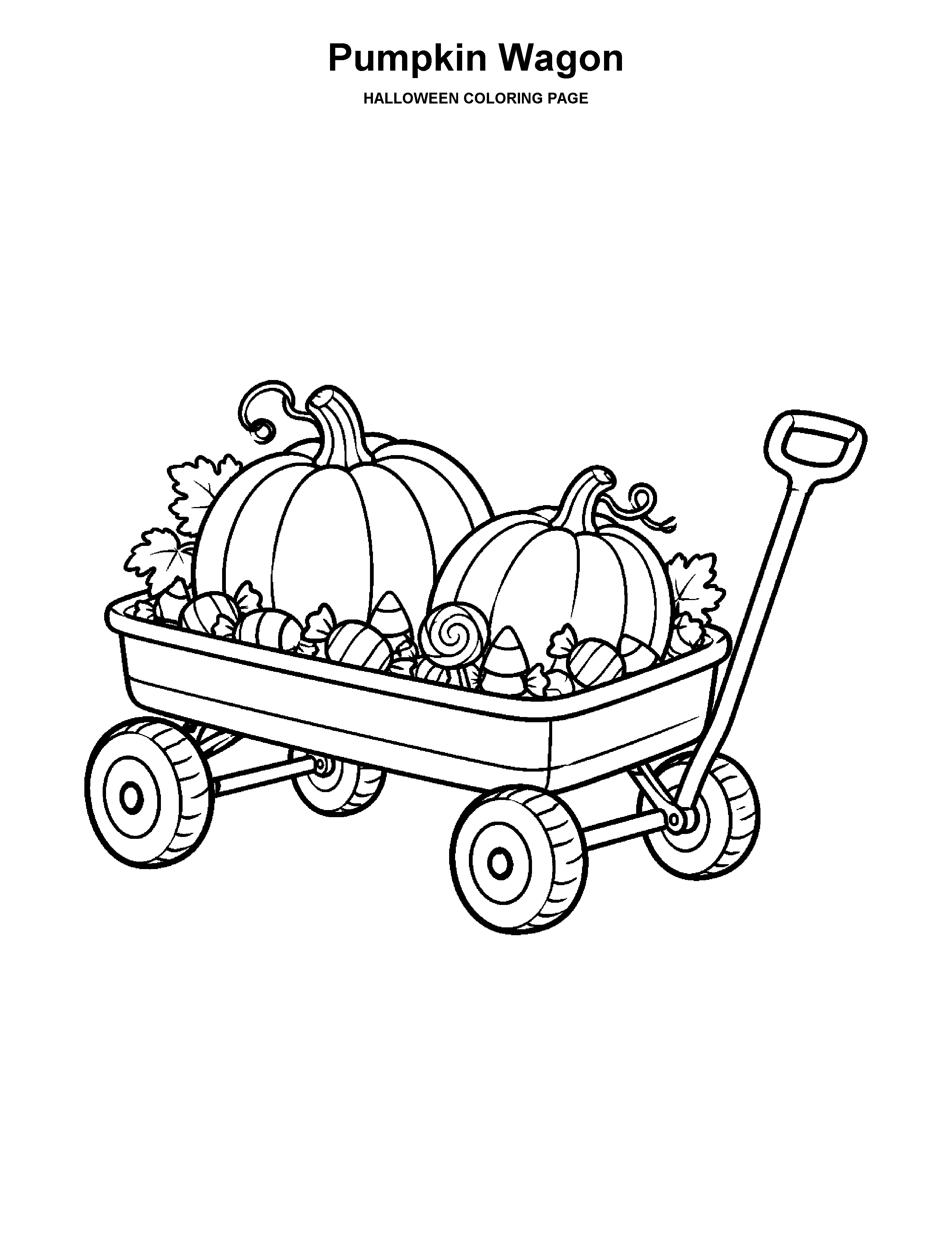 Pumpkin Wagon coloring page: A small wagon carries pumpkins and Halloween candy.