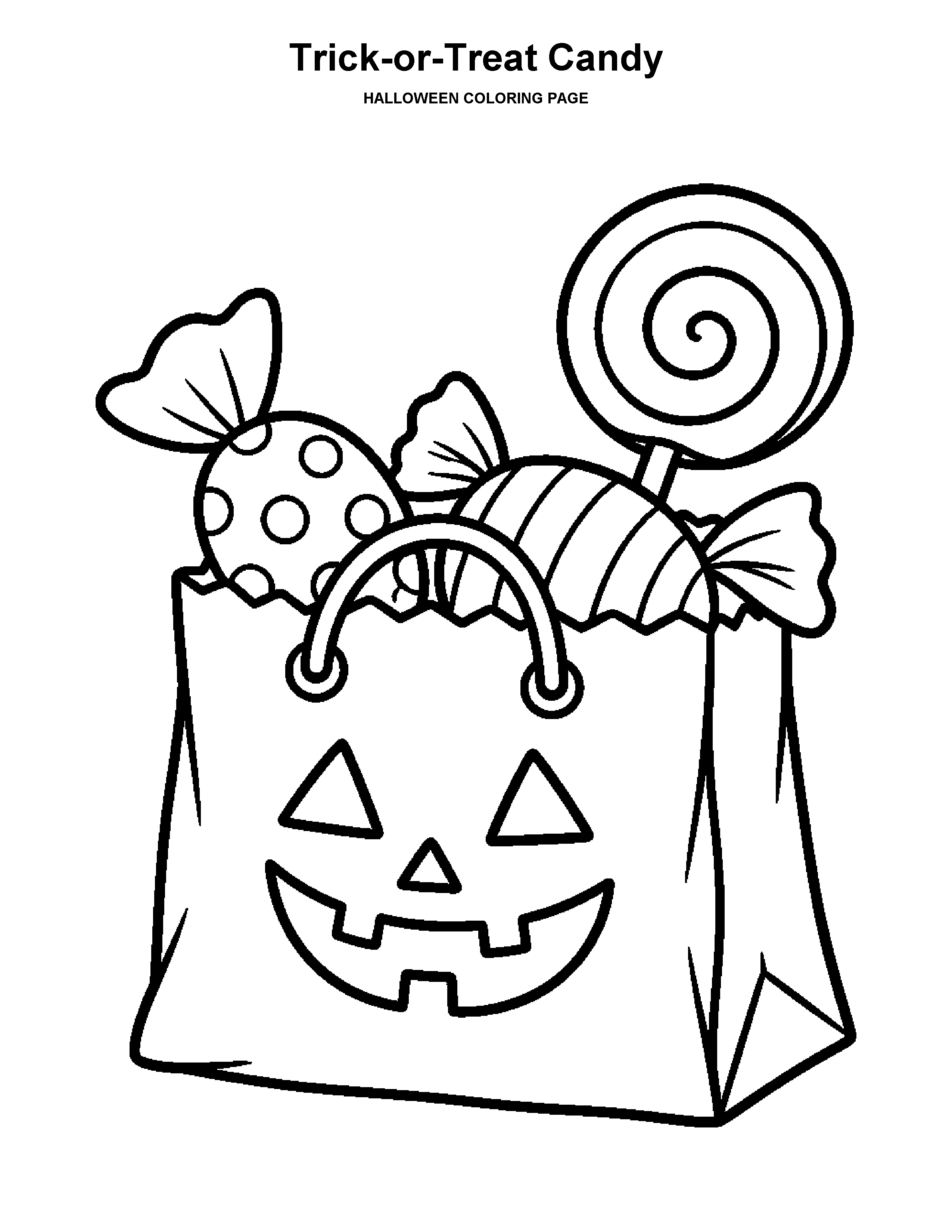 Trick-or-Treat Candy coloring page: A treat bag holds a few big candies and a lollipop.