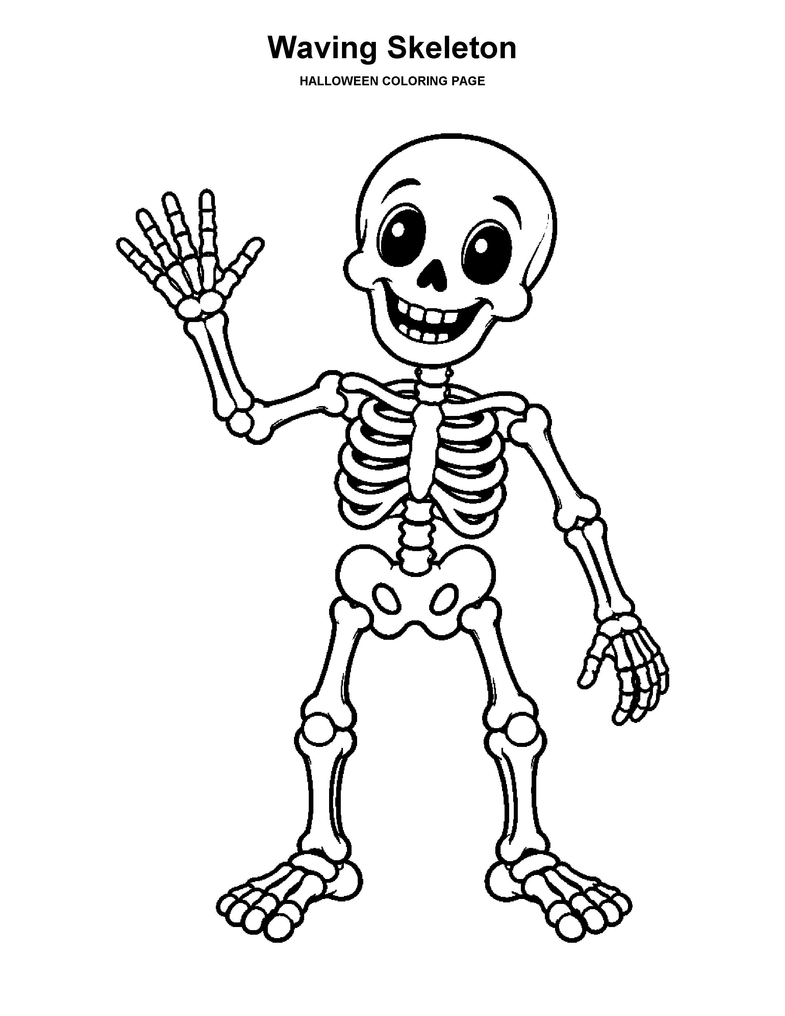 Waving Skeleton coloring page: A friendly skeleton waves in a simple standing pose.