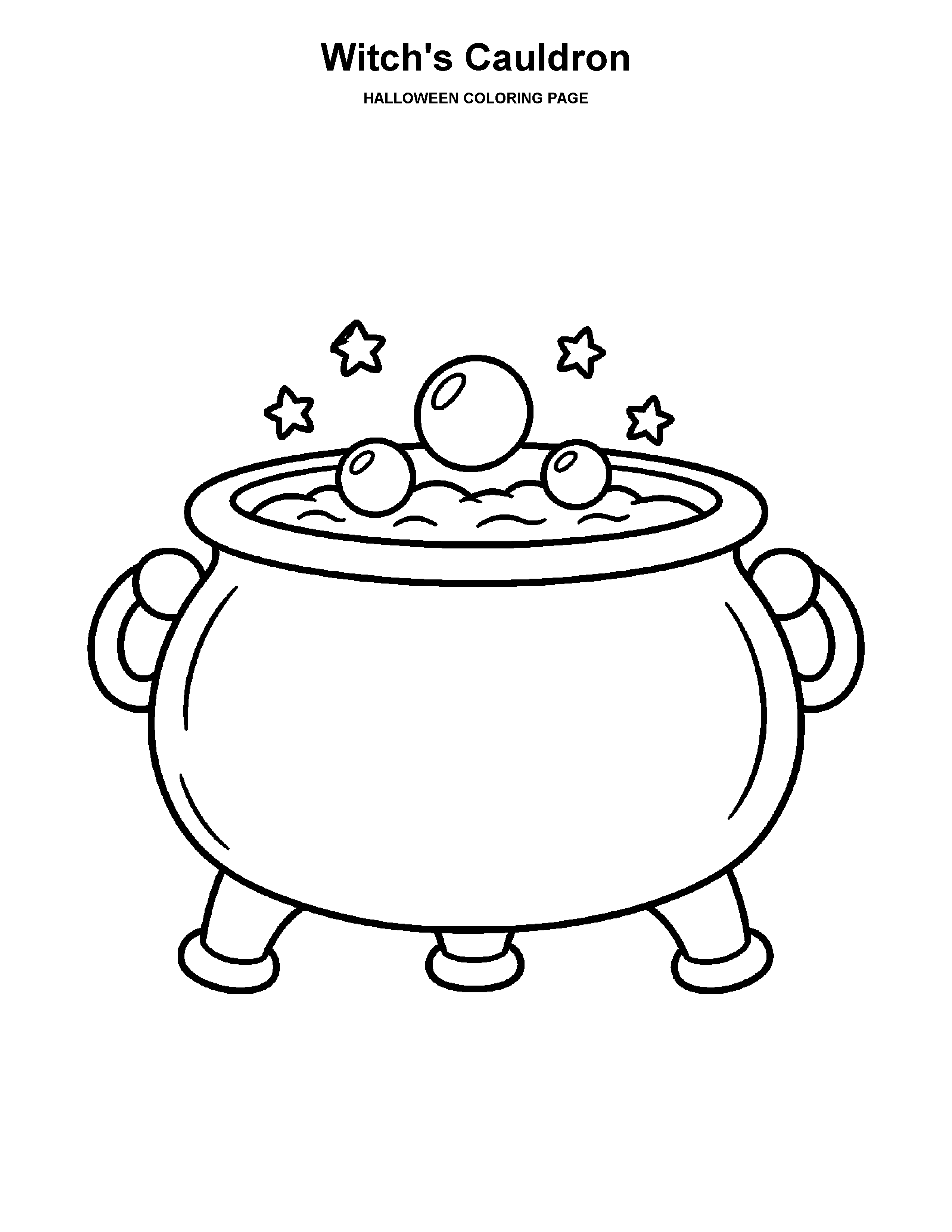 Witch's Cauldron coloring page: A big cauldron bubbles beneath a few stars.