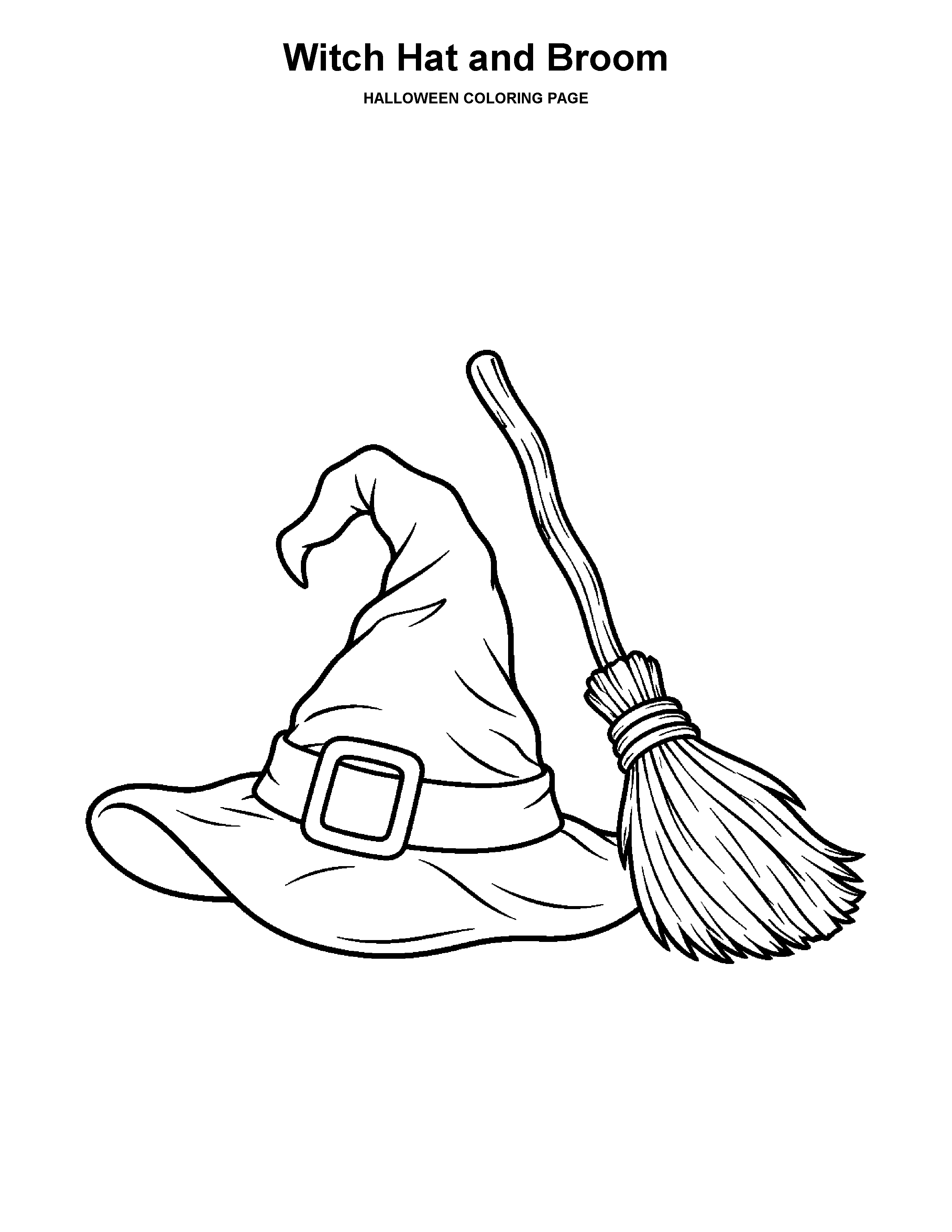 Witch Hat and Broom coloring page: A pointed hat and a full broom make a simple Halloween scene.