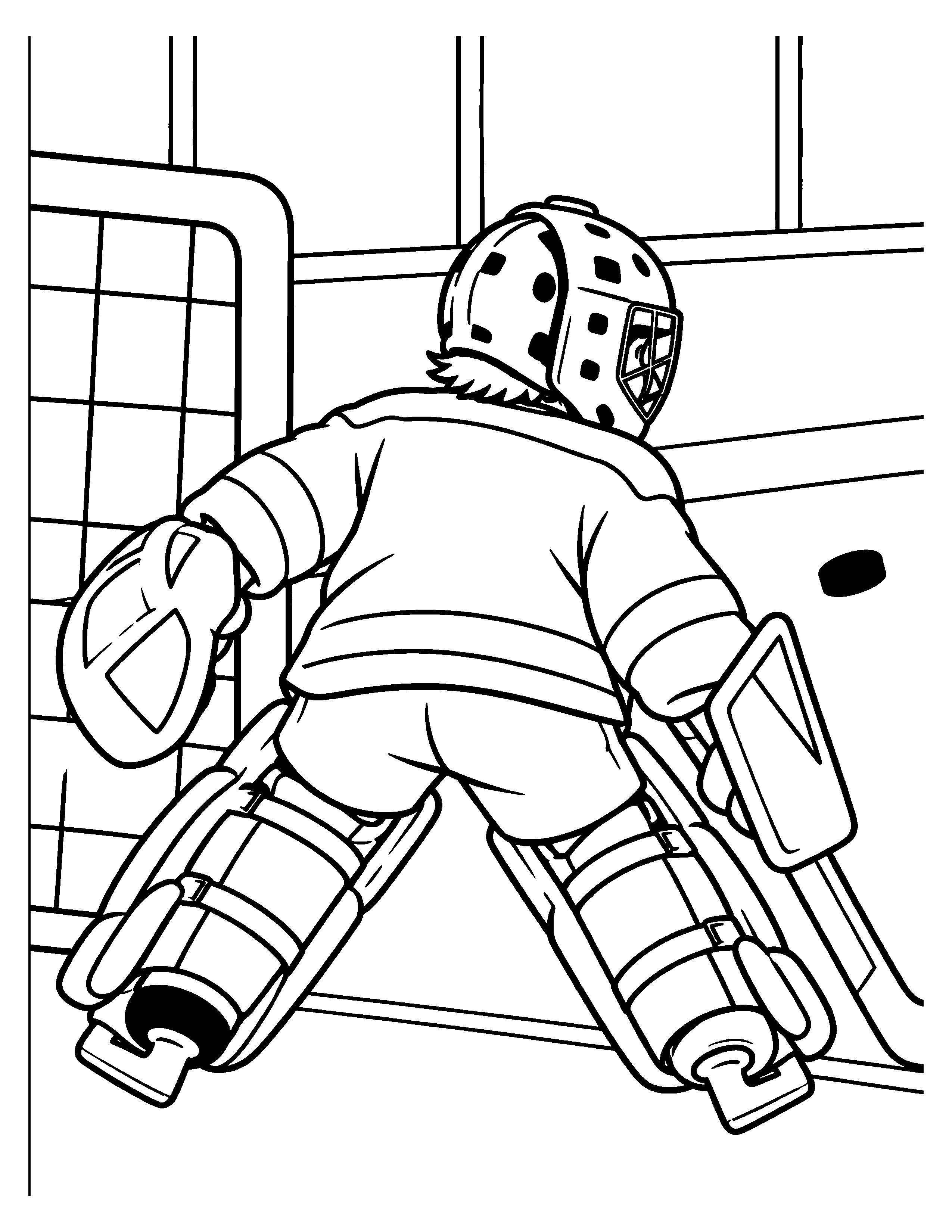 Turning Behind the Net black-and-white hockey goalie coloring page