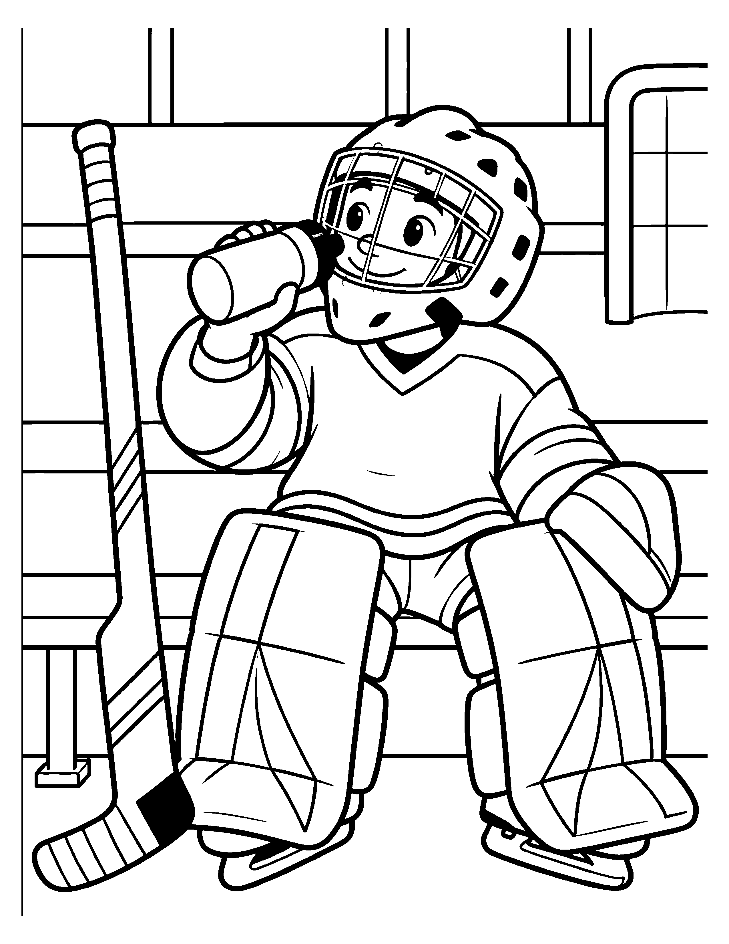 Bench Break black-and-white hockey goalie coloring page