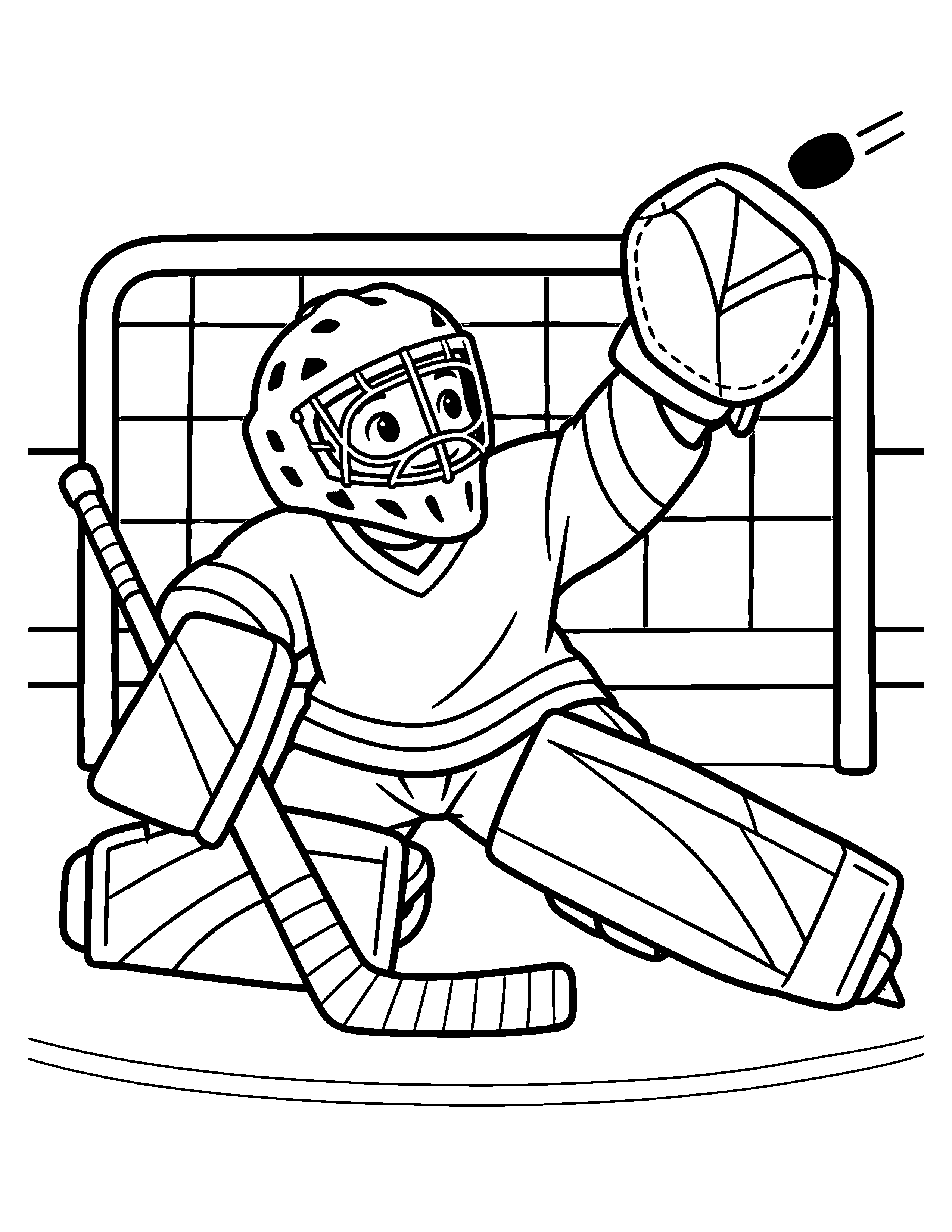Butterfly Save black-and-white hockey goalie coloring page