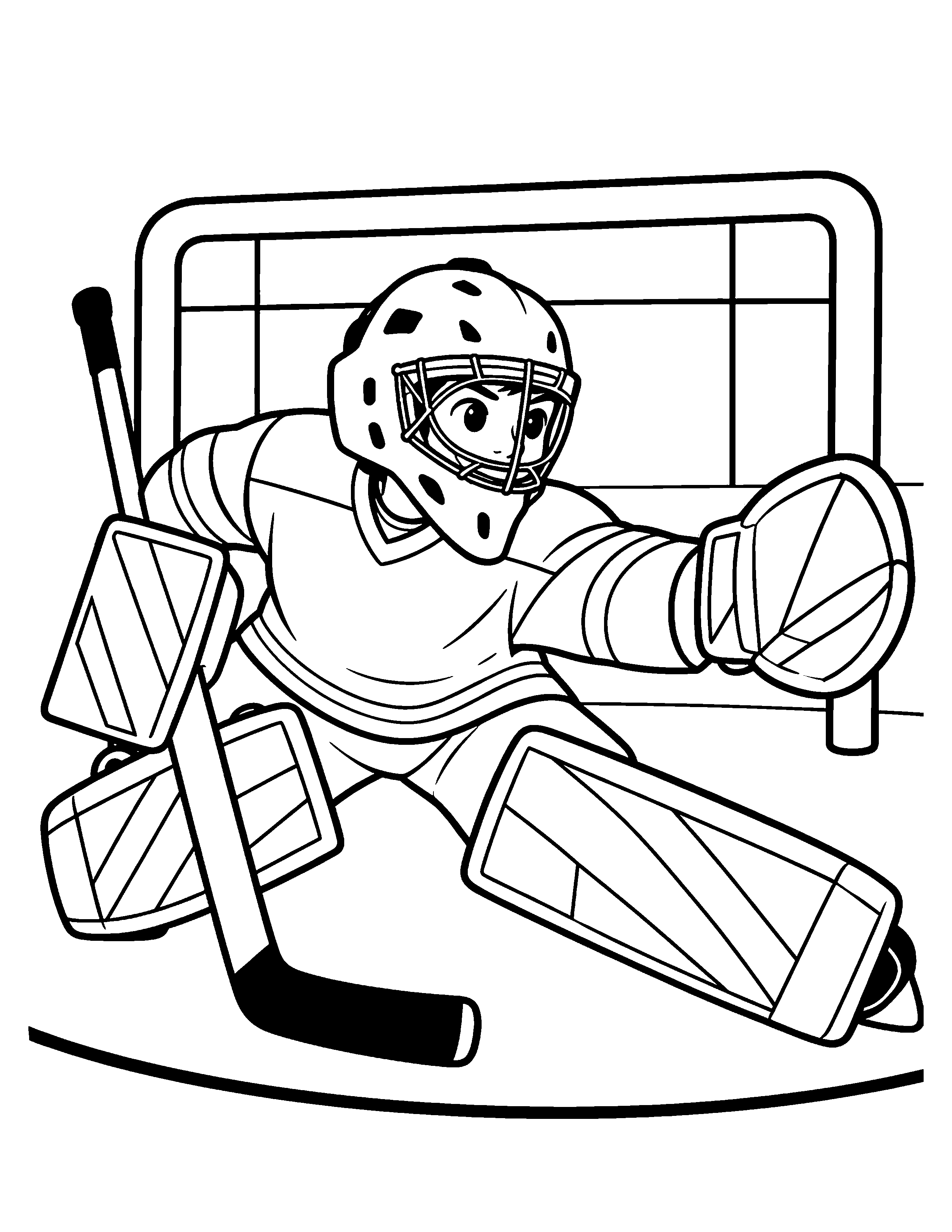 Sideways Crease Slide black-and-white hockey goalie coloring page