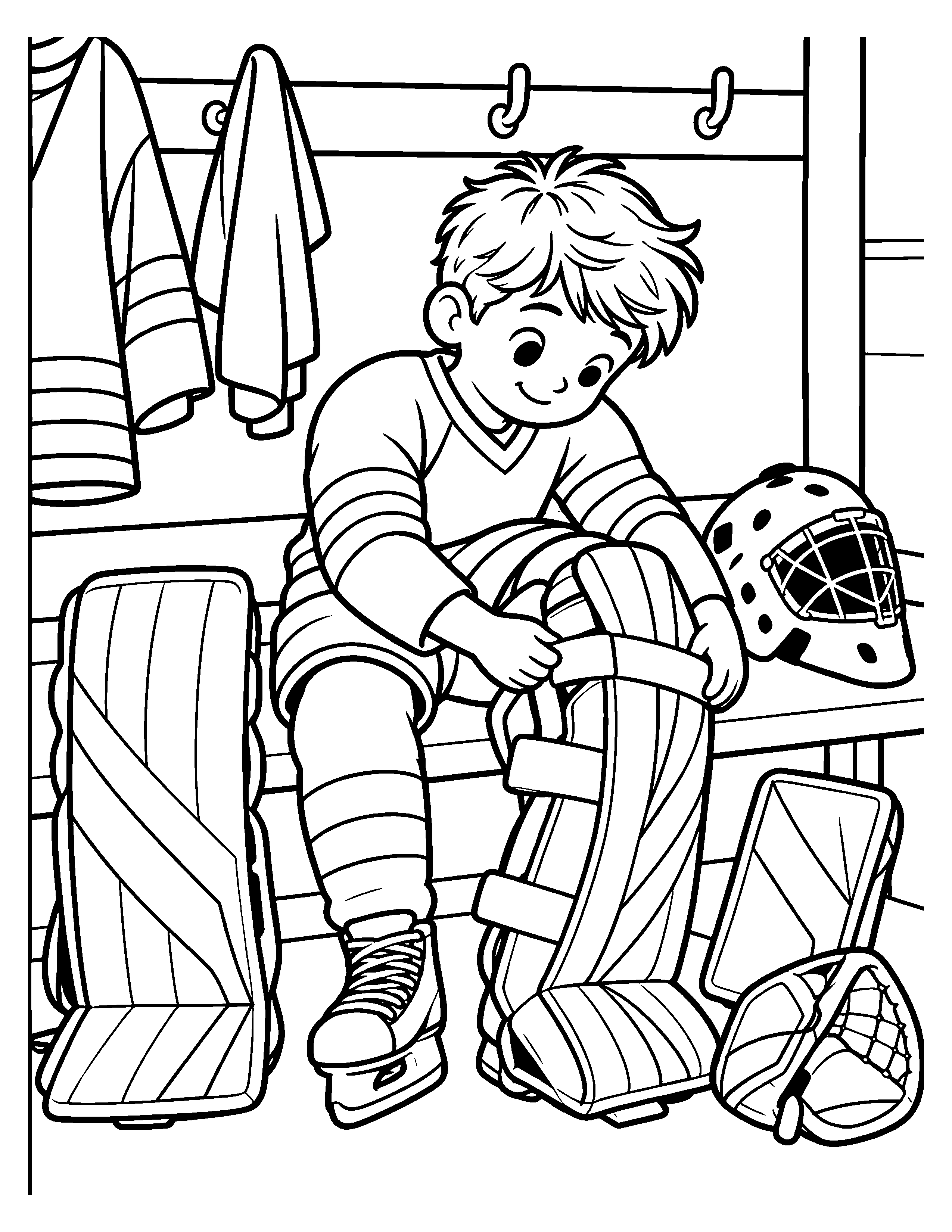 Getting the Pads Ready black-and-white hockey goalie coloring page