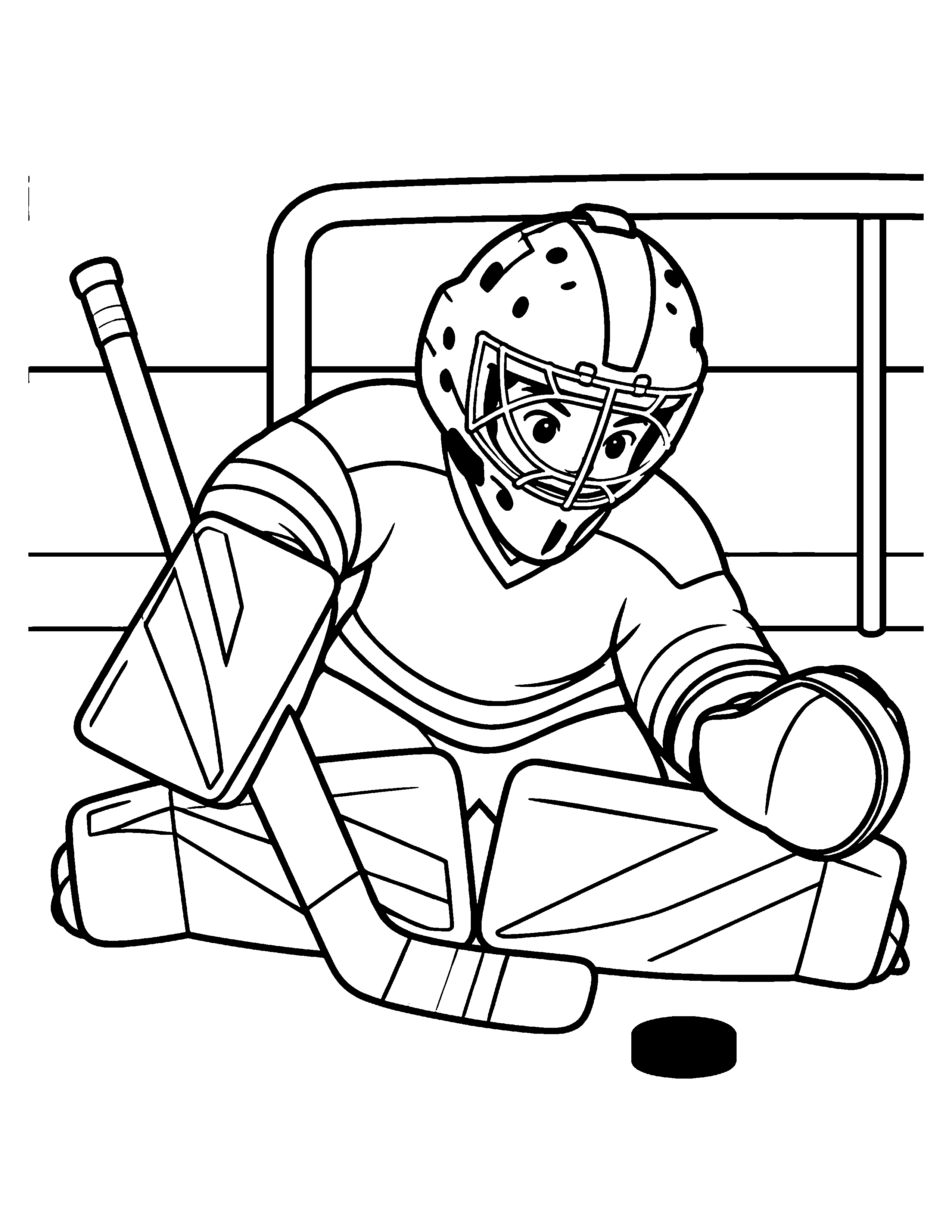Low Pad Save black-and-white hockey goalie coloring page