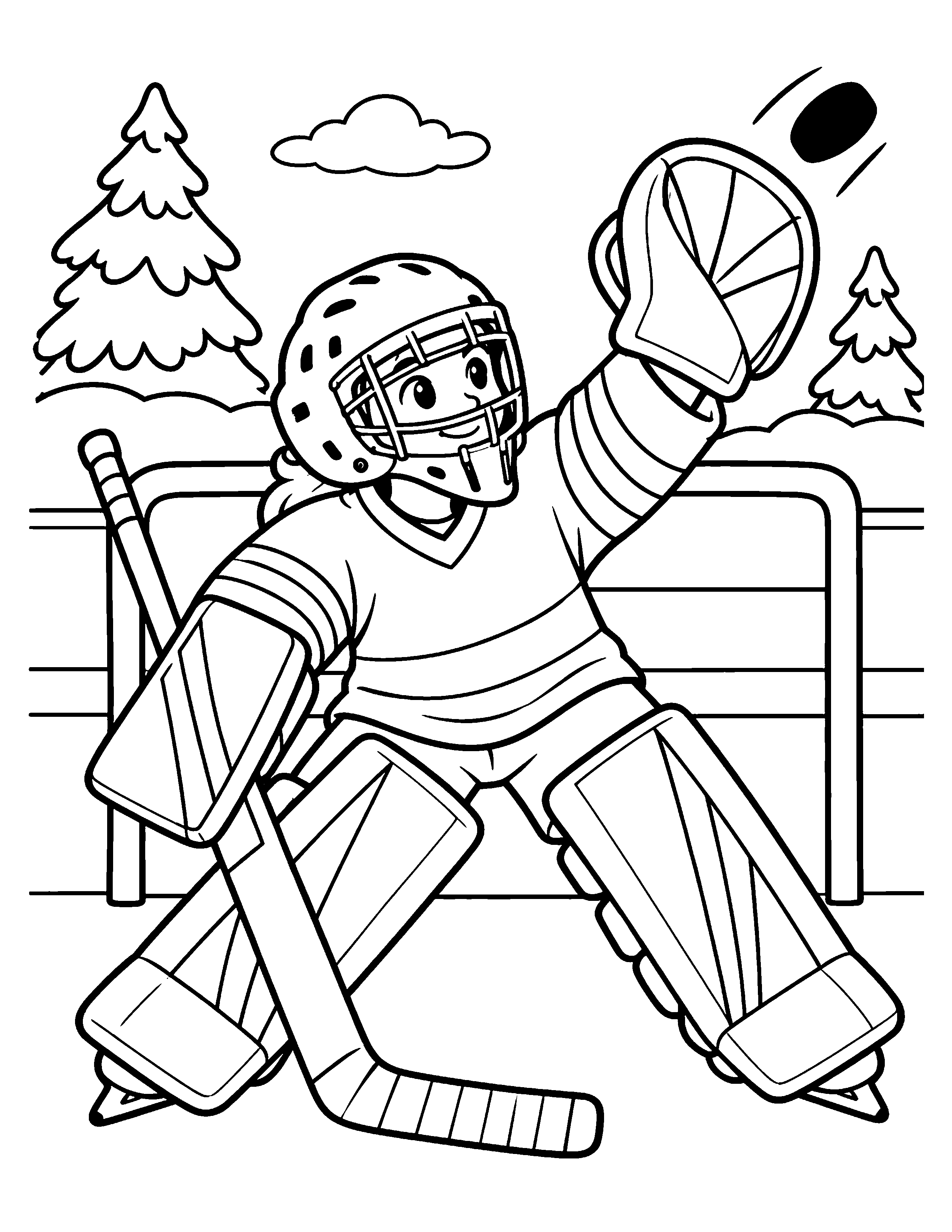 Outdoor Rink Save black-and-white hockey goalie coloring page