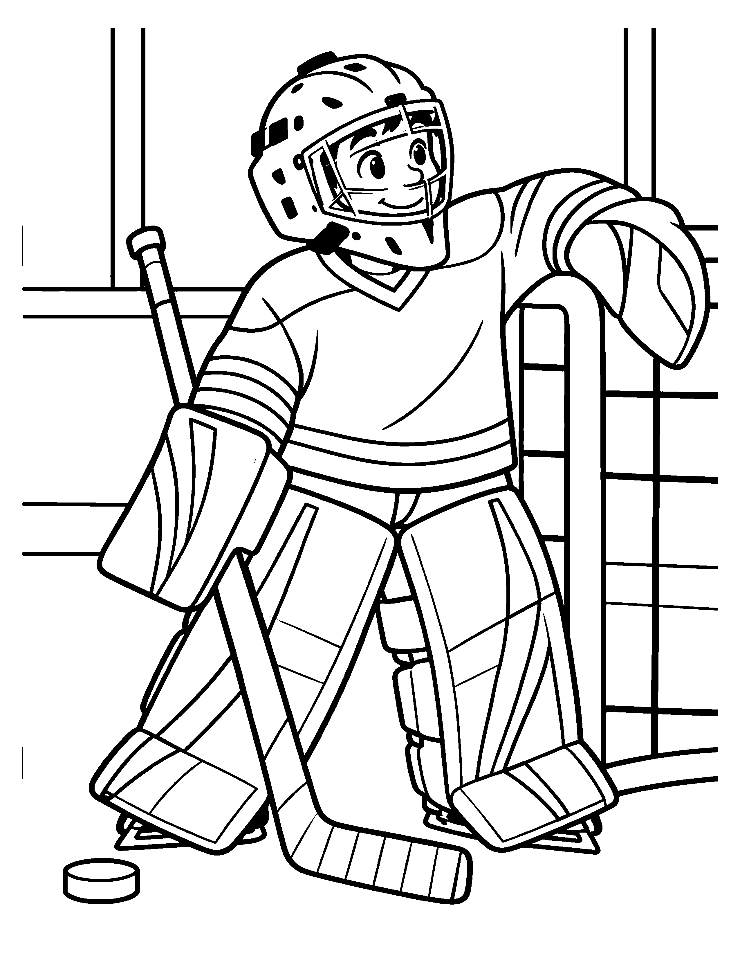 Resting by the Goalpost black-and-white hockey goalie coloring page