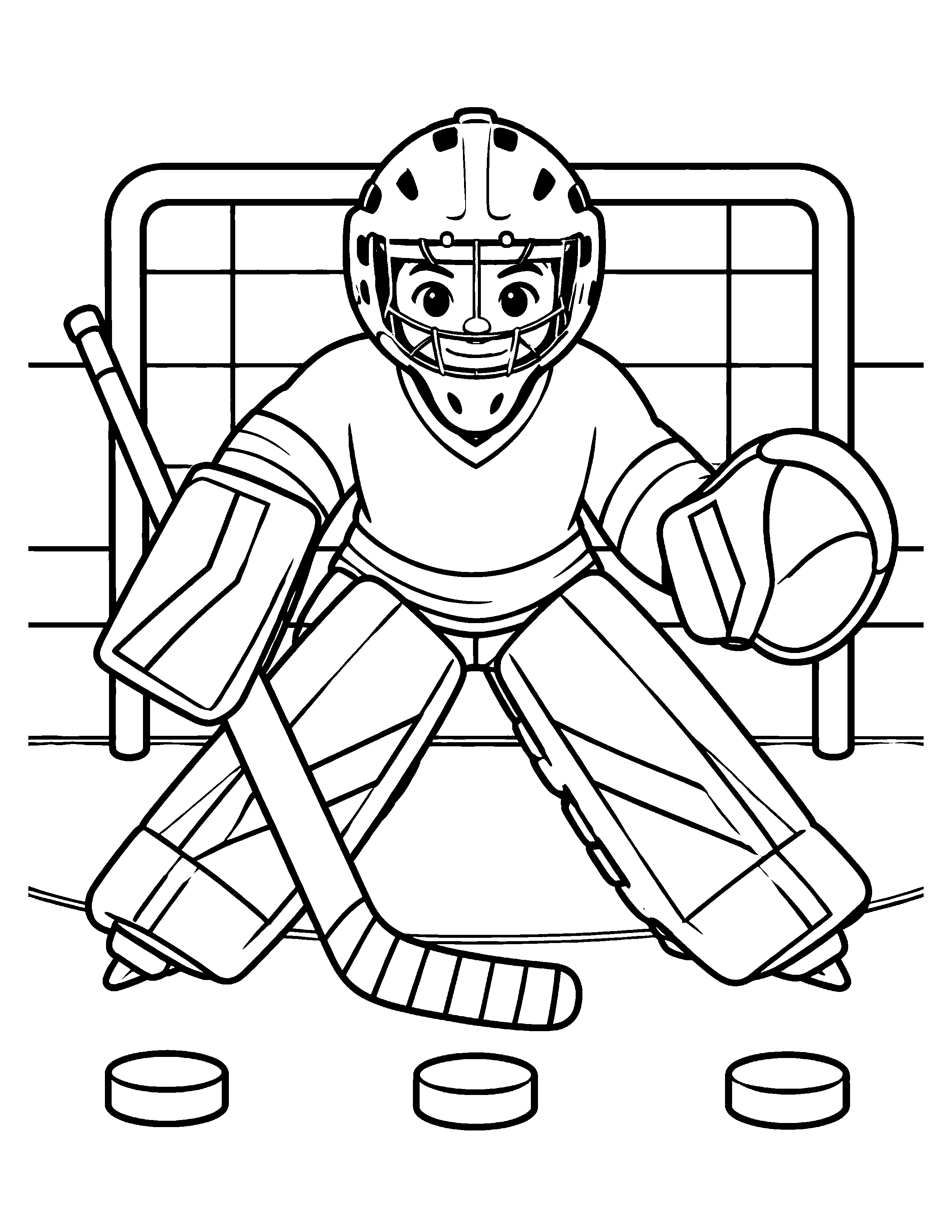 Puck Practice black-and-white hockey goalie coloring page