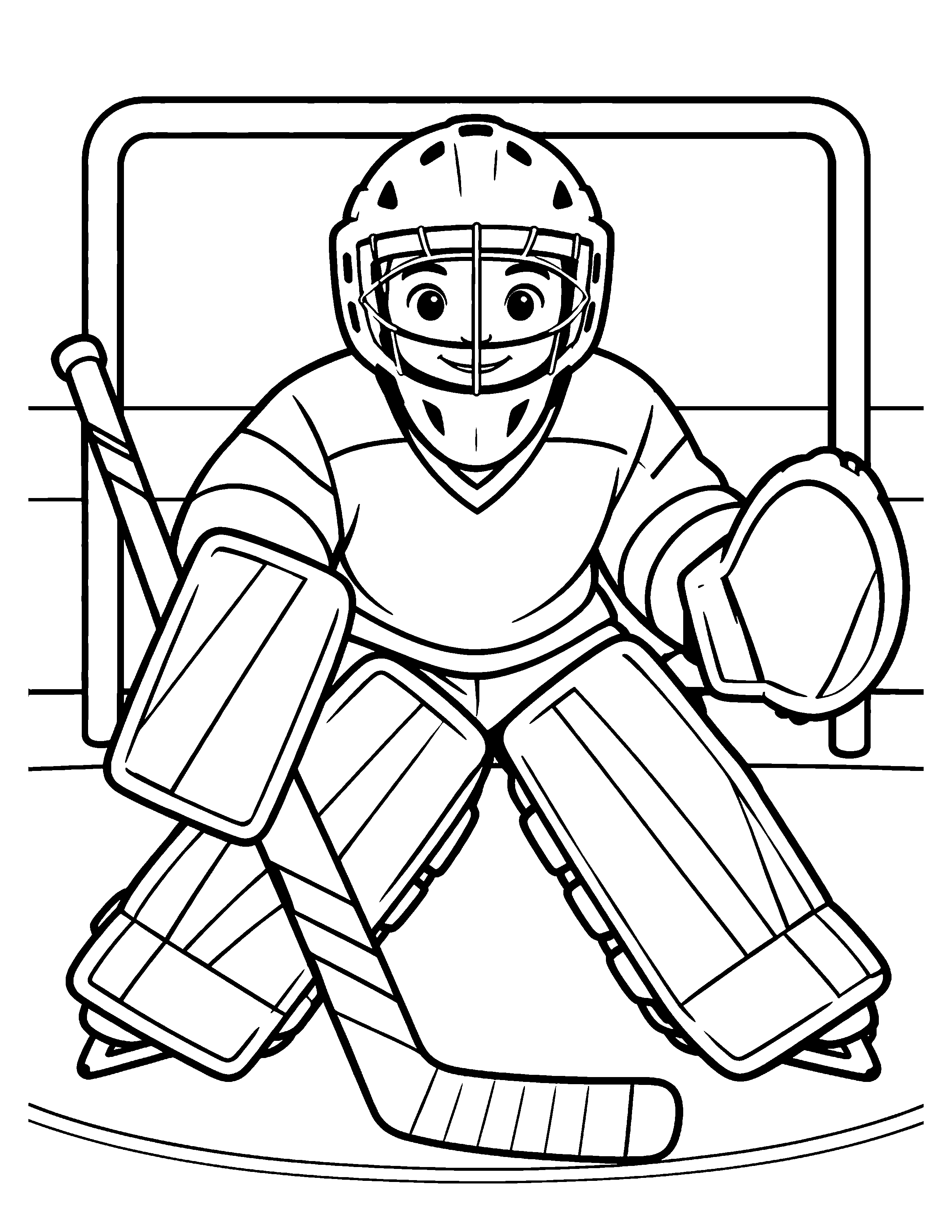 Ready in the Net black-and-white hockey goalie coloring page