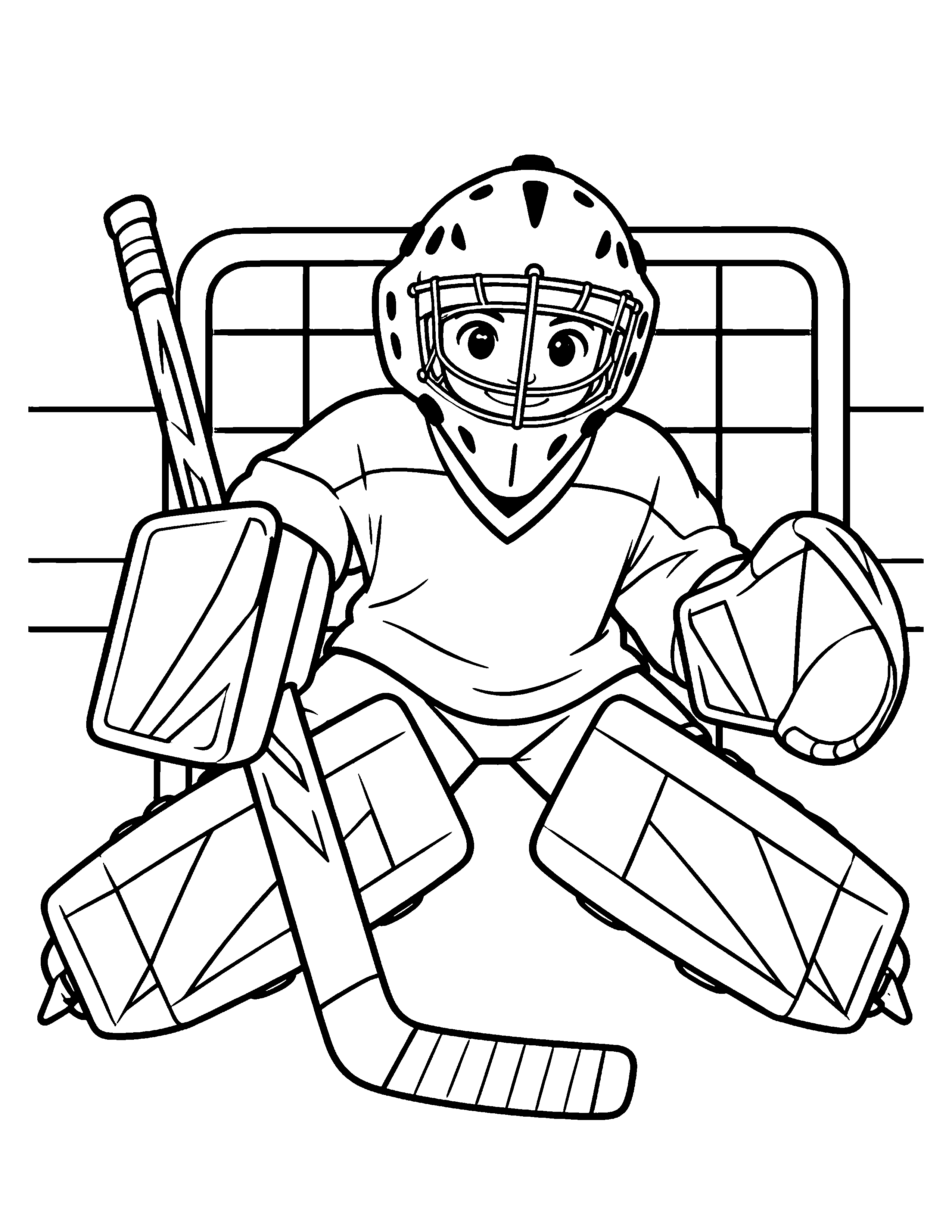 Goalie Warm-Up Stretch black-and-white hockey goalie coloring page