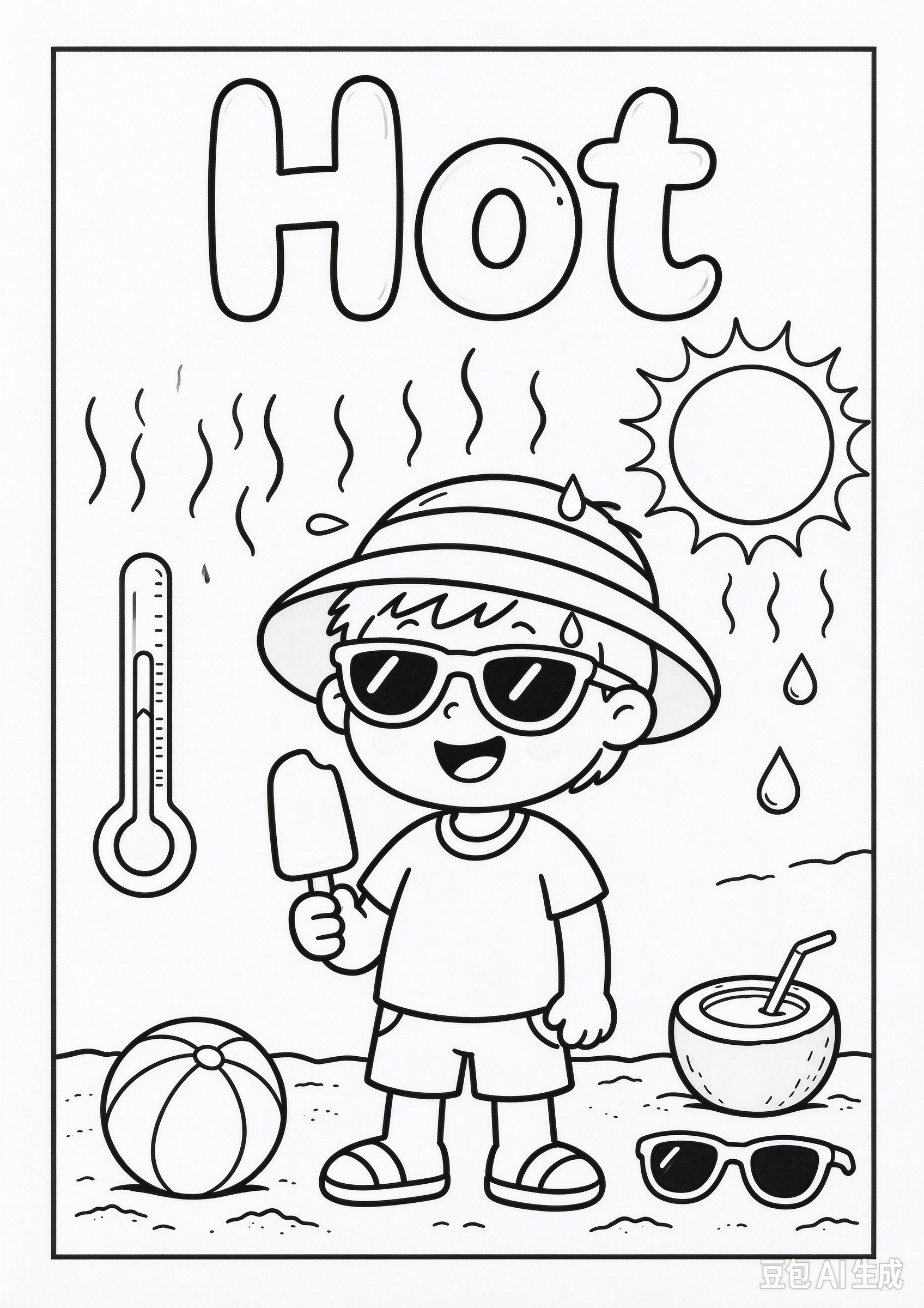 A child wearing a sun hat, sunglasses, and a T-shirt holds a popsicle beside a bright sun and beach toys.