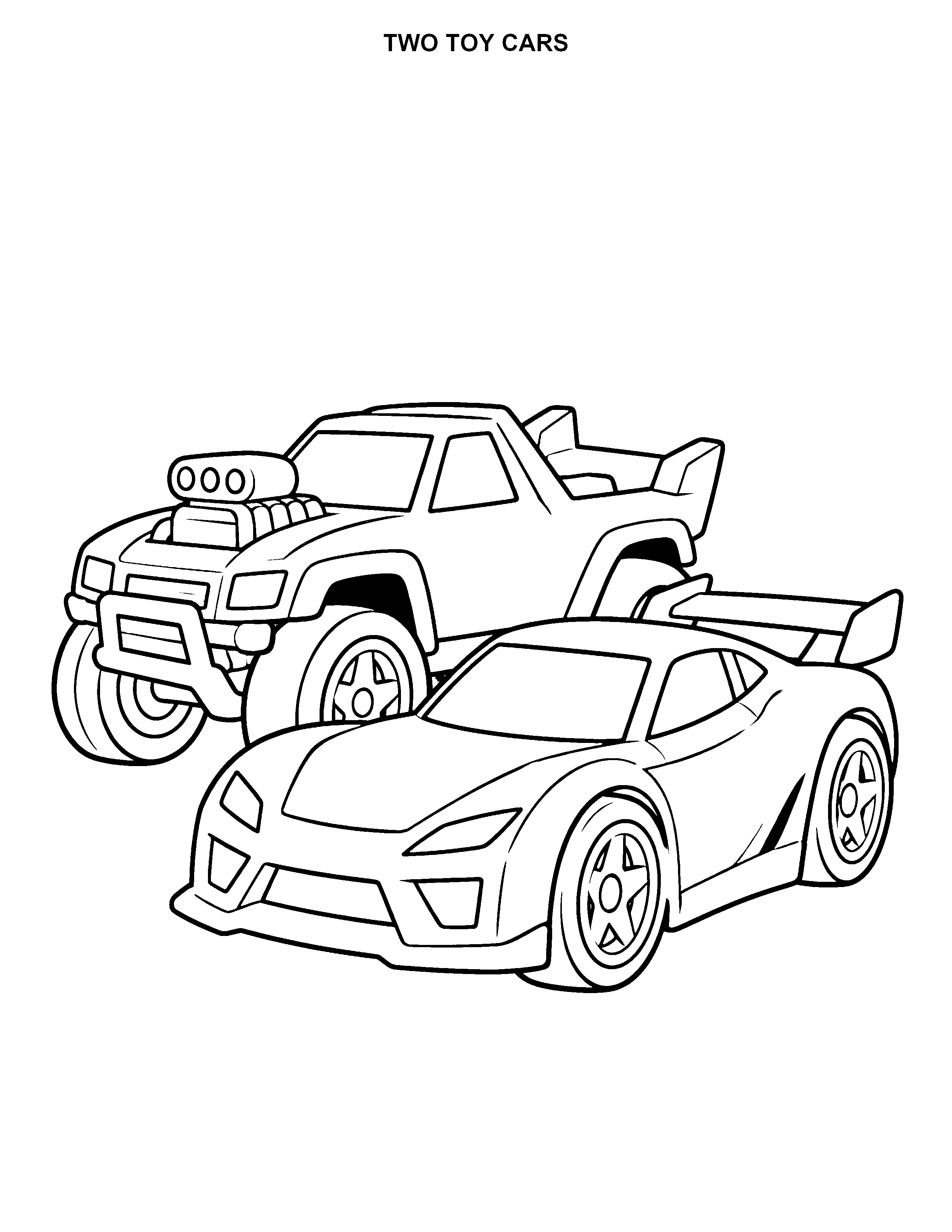 Two Toy Cars printable black-and-white coloring page
