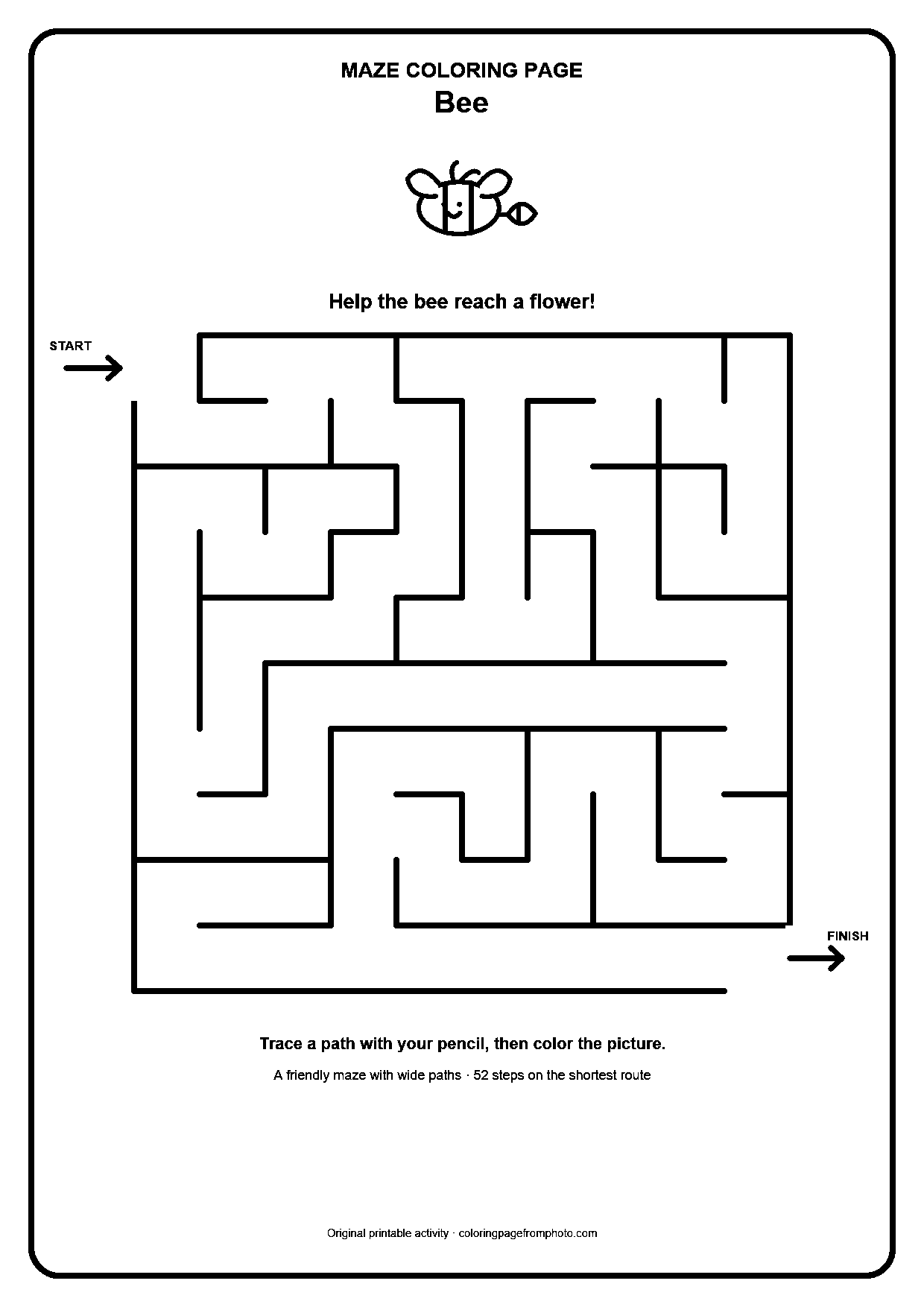 Printable bee maze coloring page with a wide 10 by 10 path puzzle