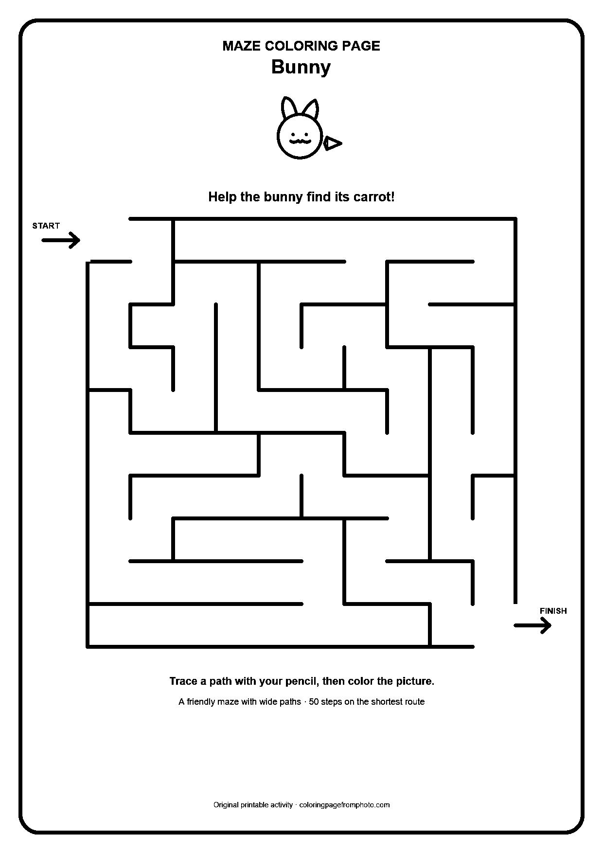 Printable bunny maze coloring page with a wide 10 by 10 path puzzle