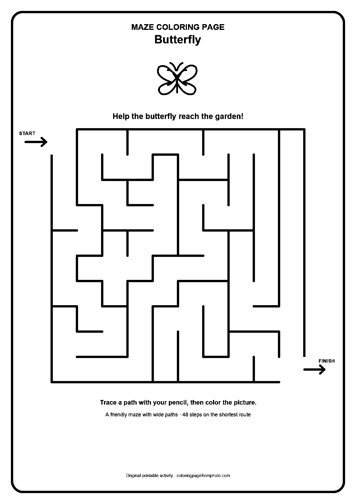 Printable butterfly maze coloring page with a wide 10 by 10 path puzzle