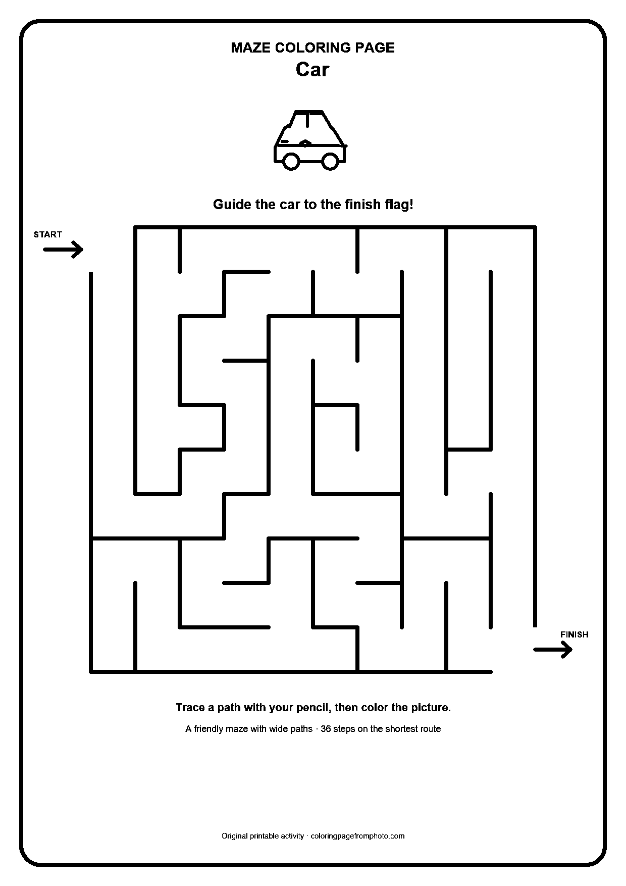 Printable car maze coloring page with a wide 10 by 10 path puzzle