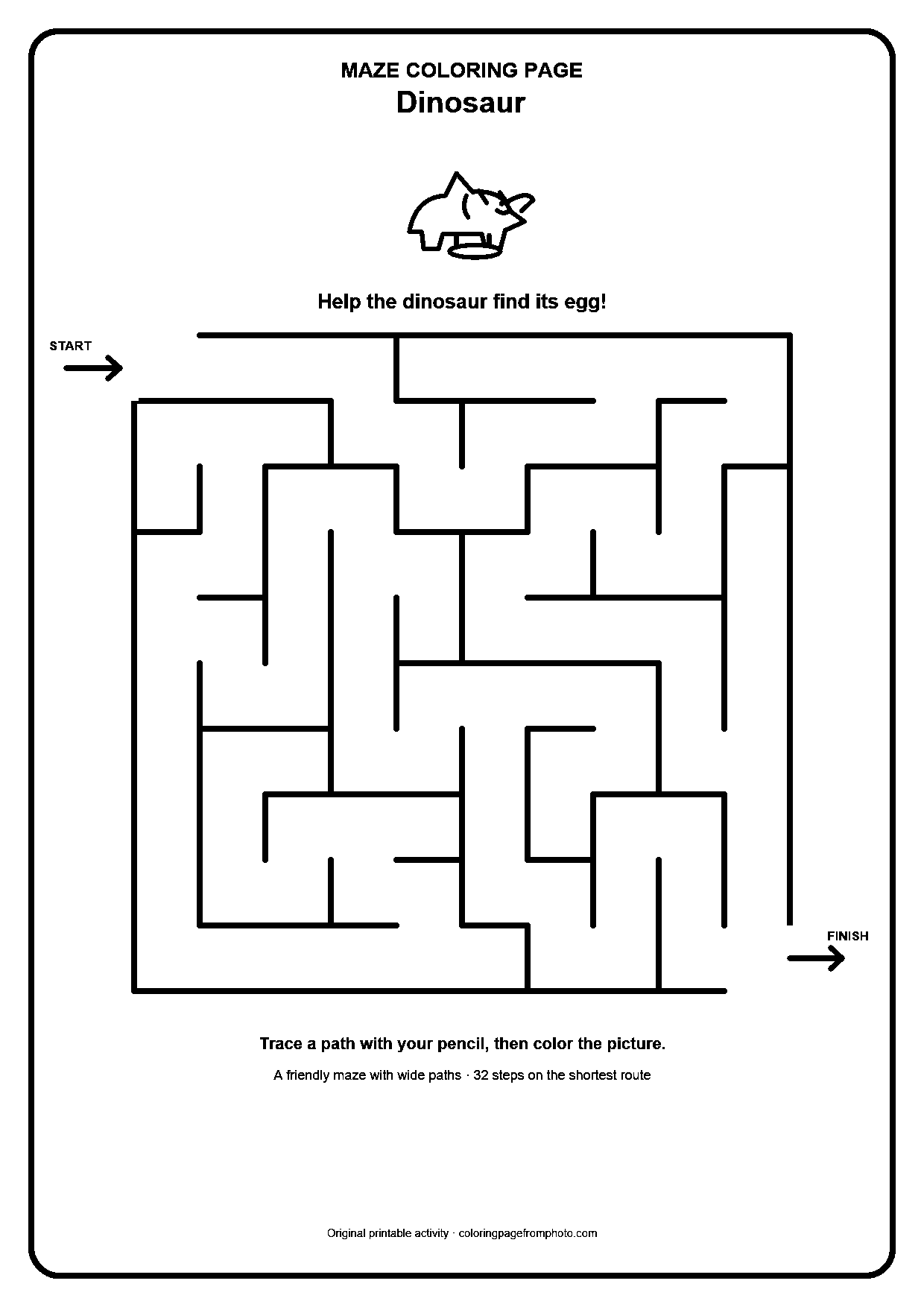 Printable dinosaur maze coloring page with a wide 10 by 10 path puzzle