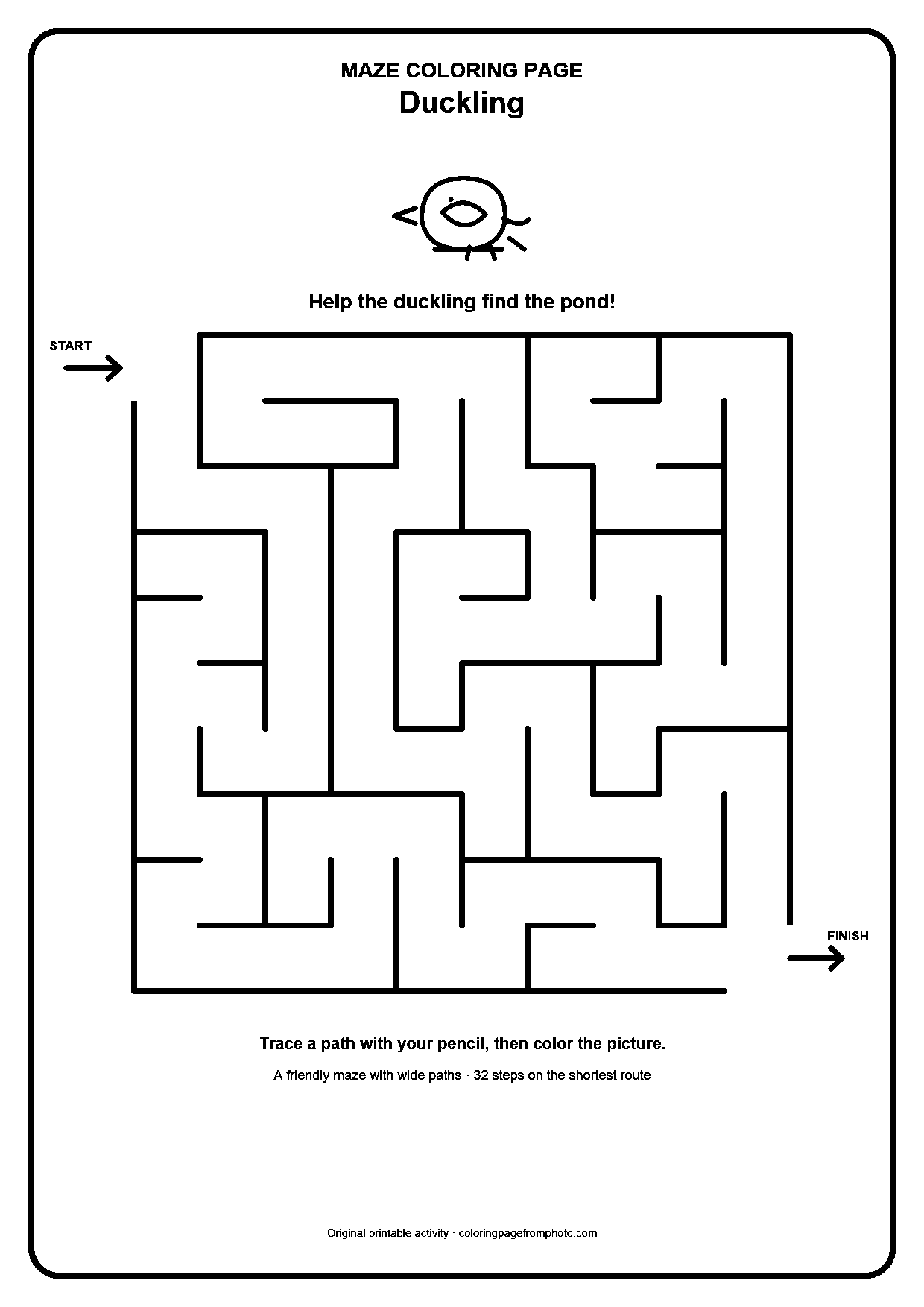 Printable duckling maze coloring page with a wide 10 by 10 path puzzle