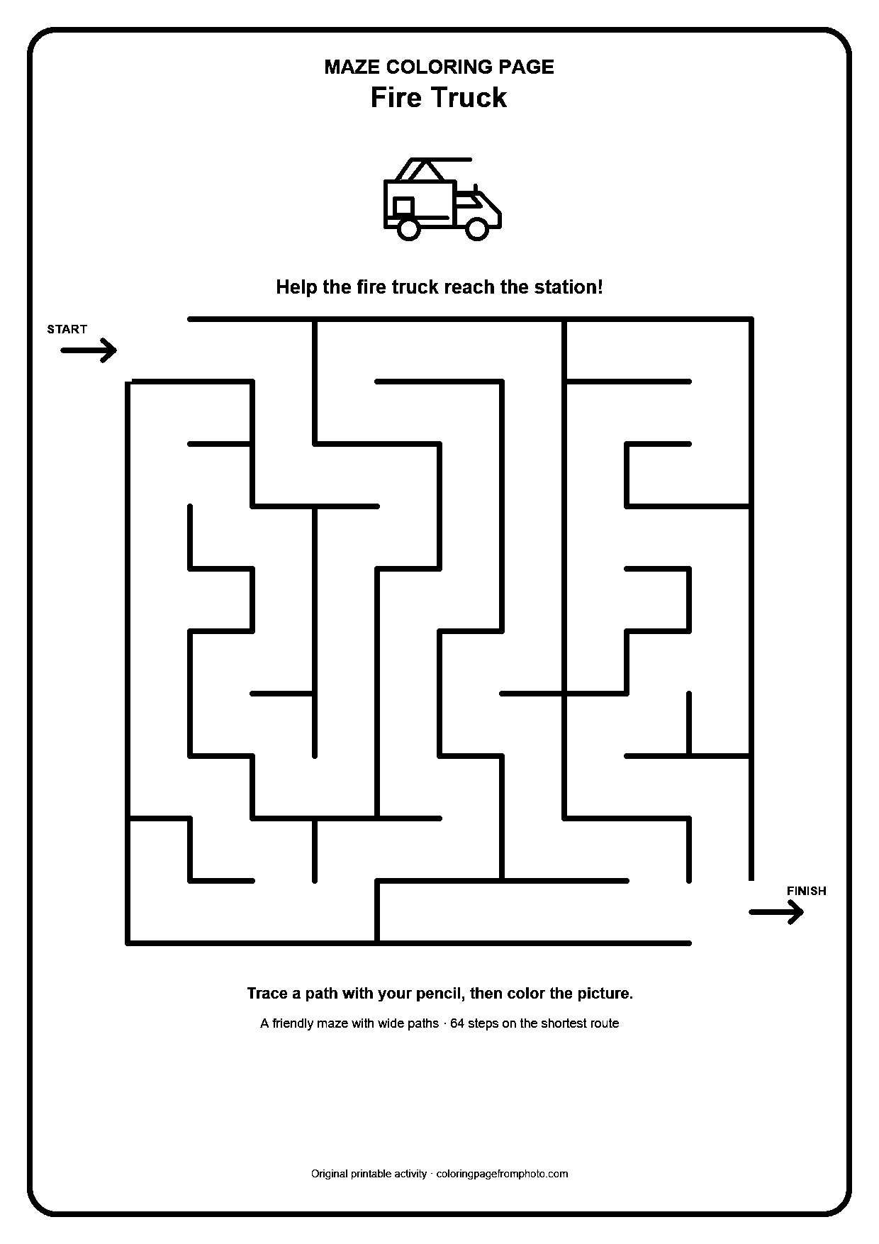 Printable fire truck maze coloring page with a wide 10 by 10 path puzzle