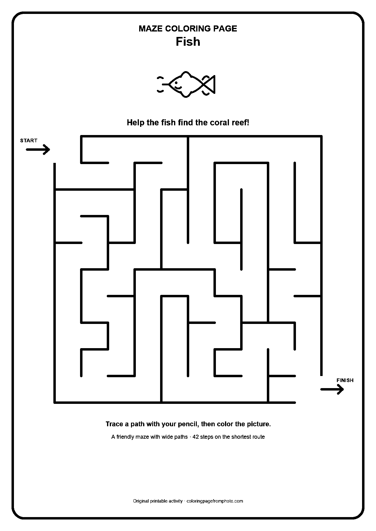 Printable fish maze coloring page with a wide 10 by 10 path puzzle