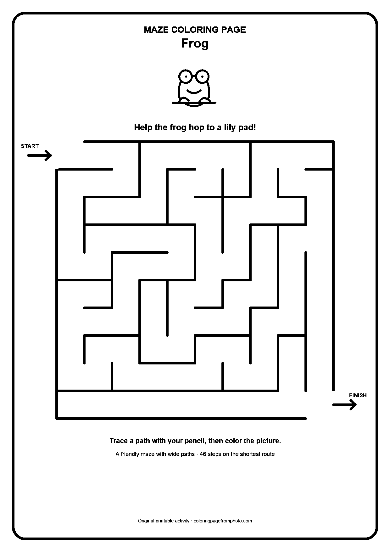 Printable frog maze coloring page with a wide 10 by 10 path puzzle
