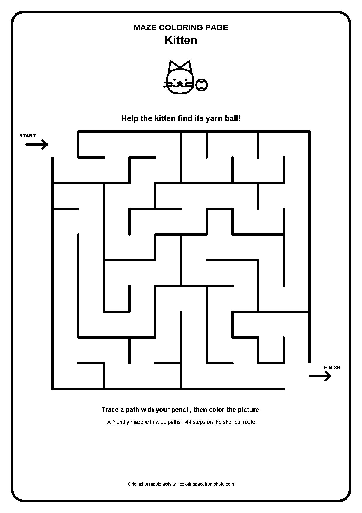 Printable kitten maze coloring page with a wide 10 by 10 path puzzle
