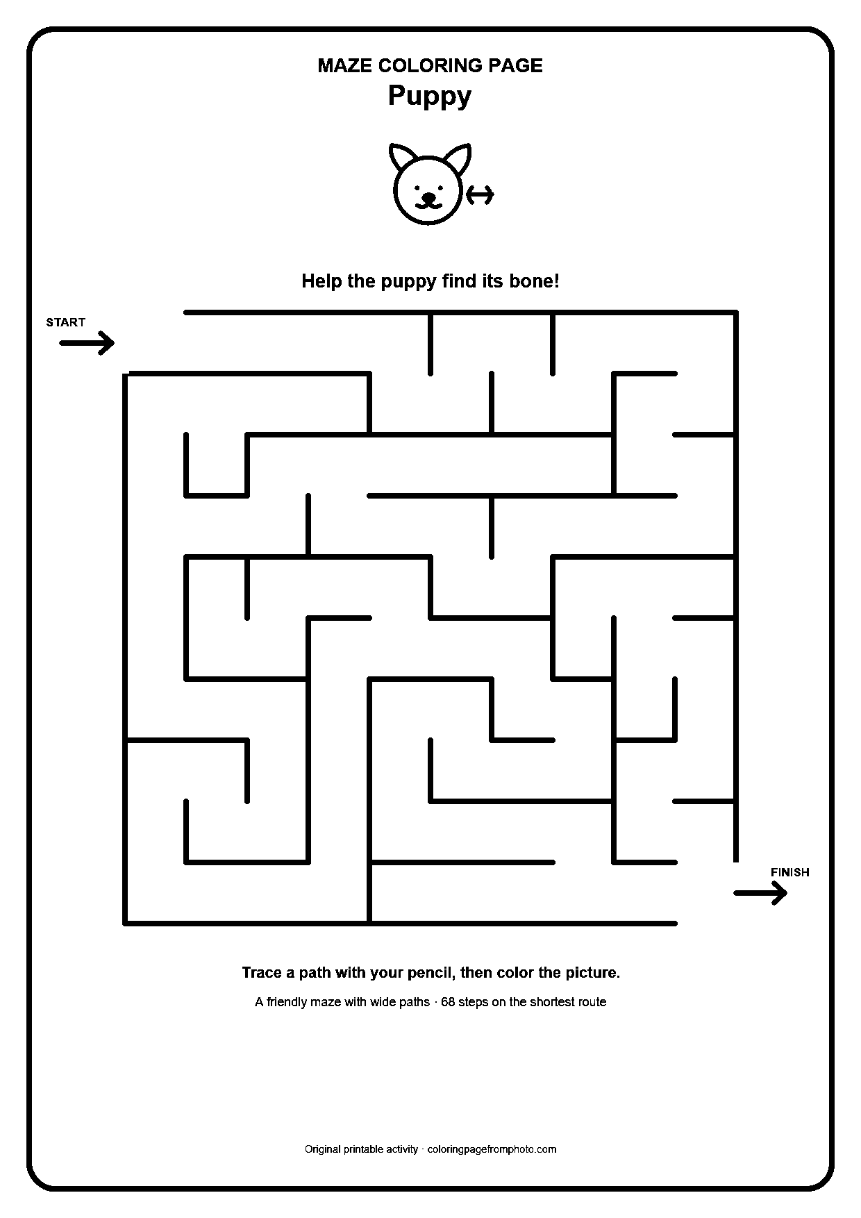 Printable puppy maze coloring page with a wide 10 by 10 path puzzle