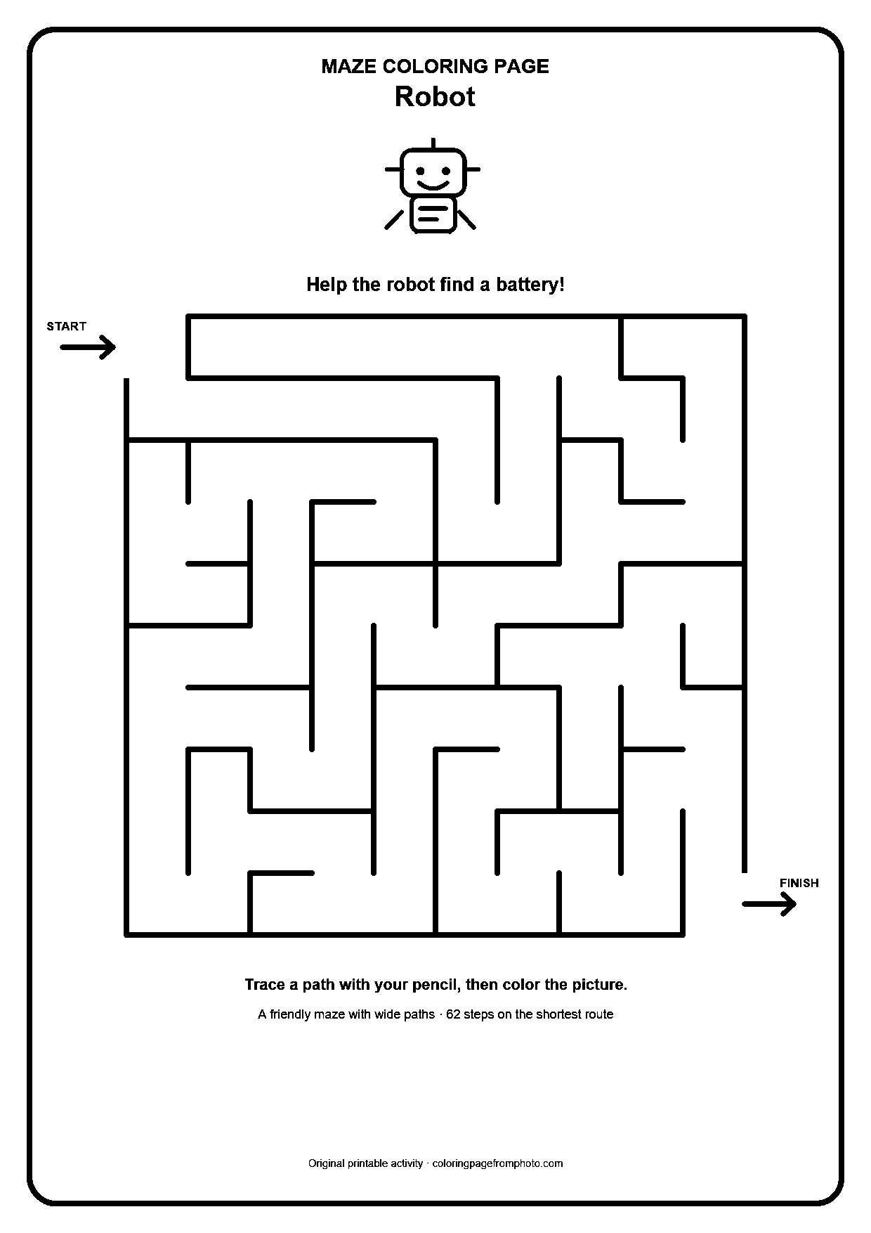 Printable robot maze coloring page with a wide 10 by 10 path puzzle