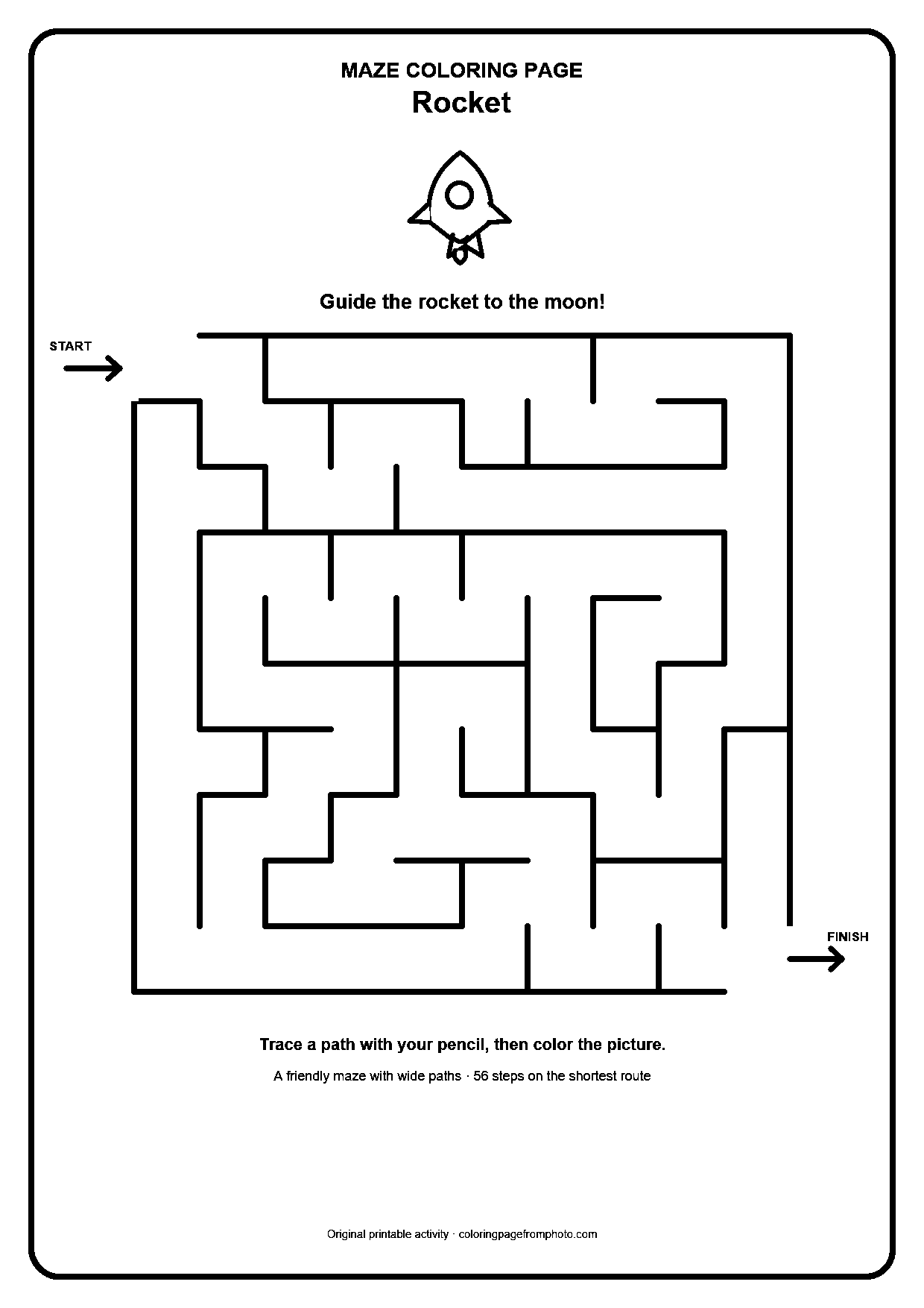 Printable rocket maze coloring page with a wide 10 by 10 path puzzle