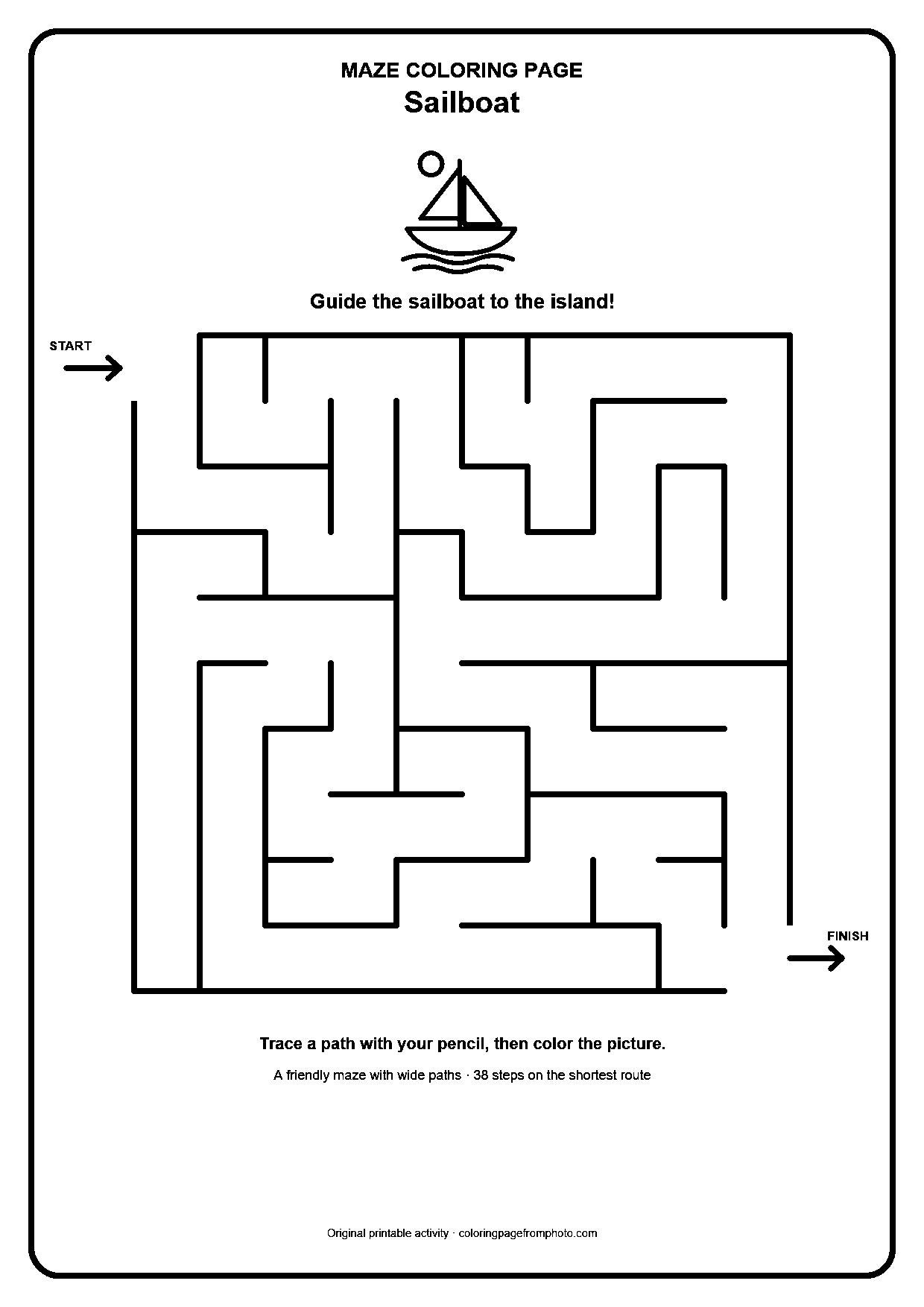Printable sailboat maze coloring page with a wide 10 by 10 path puzzle