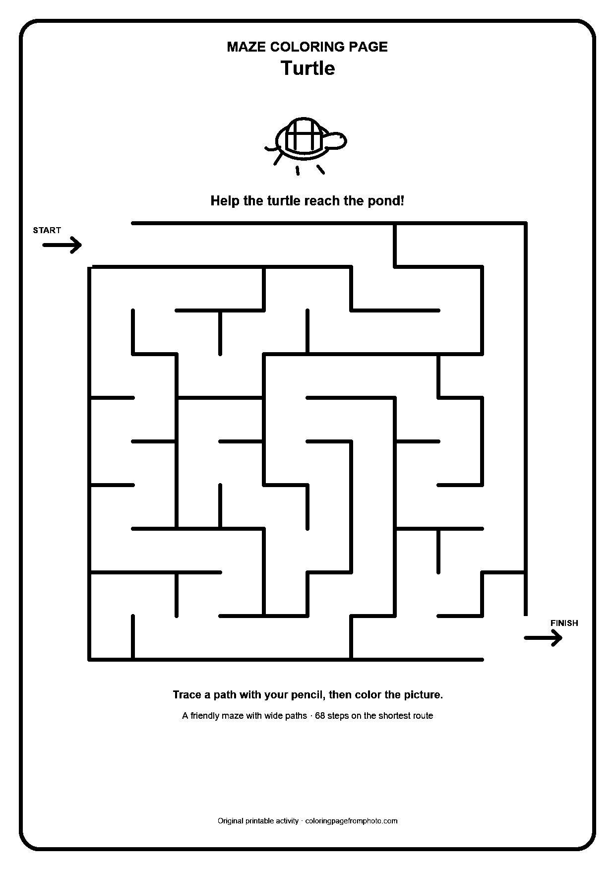 Printable turtle maze coloring page with a wide 10 by 10 path puzzle