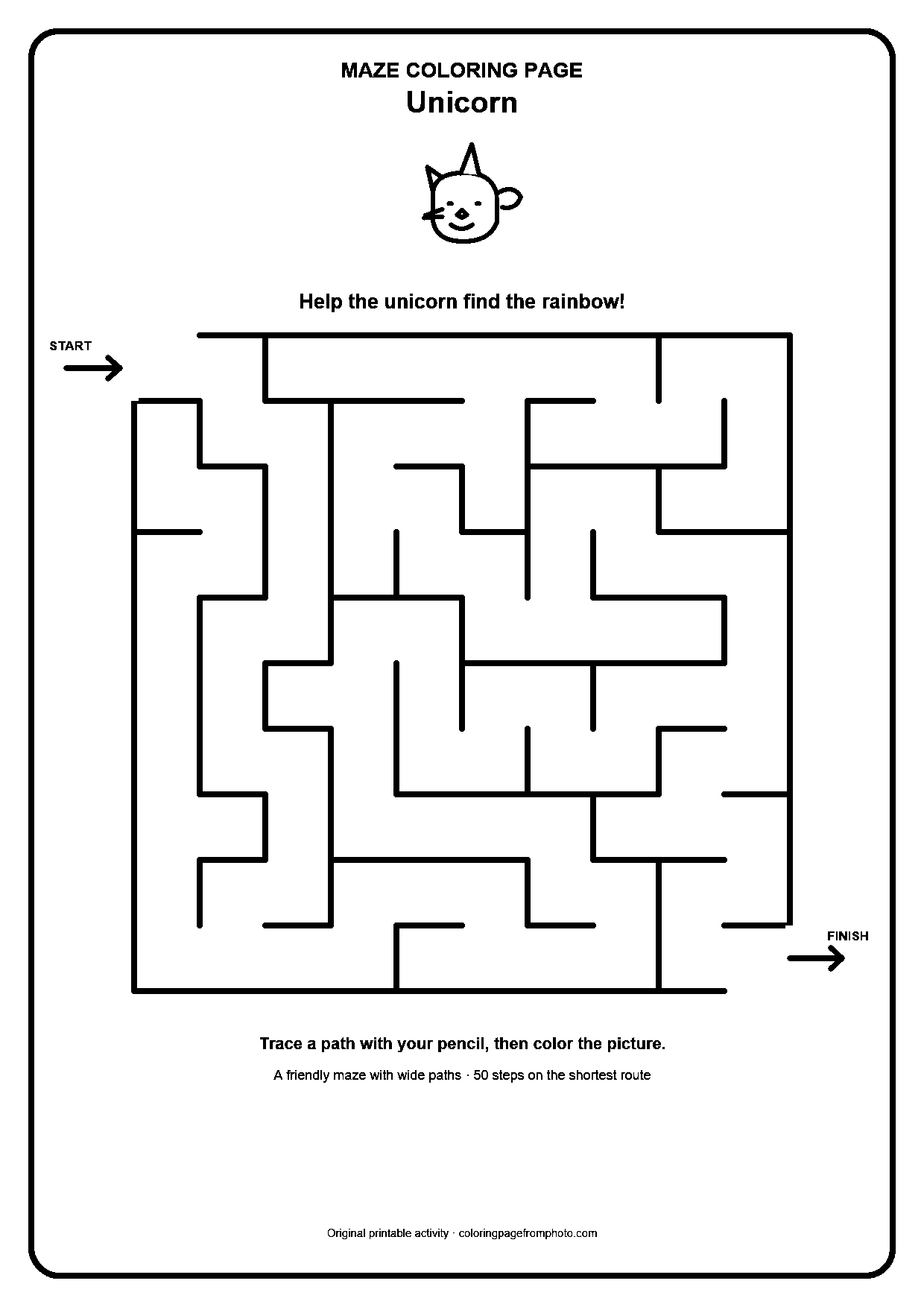 Printable unicorn maze coloring page with a wide 10 by 10 path puzzle