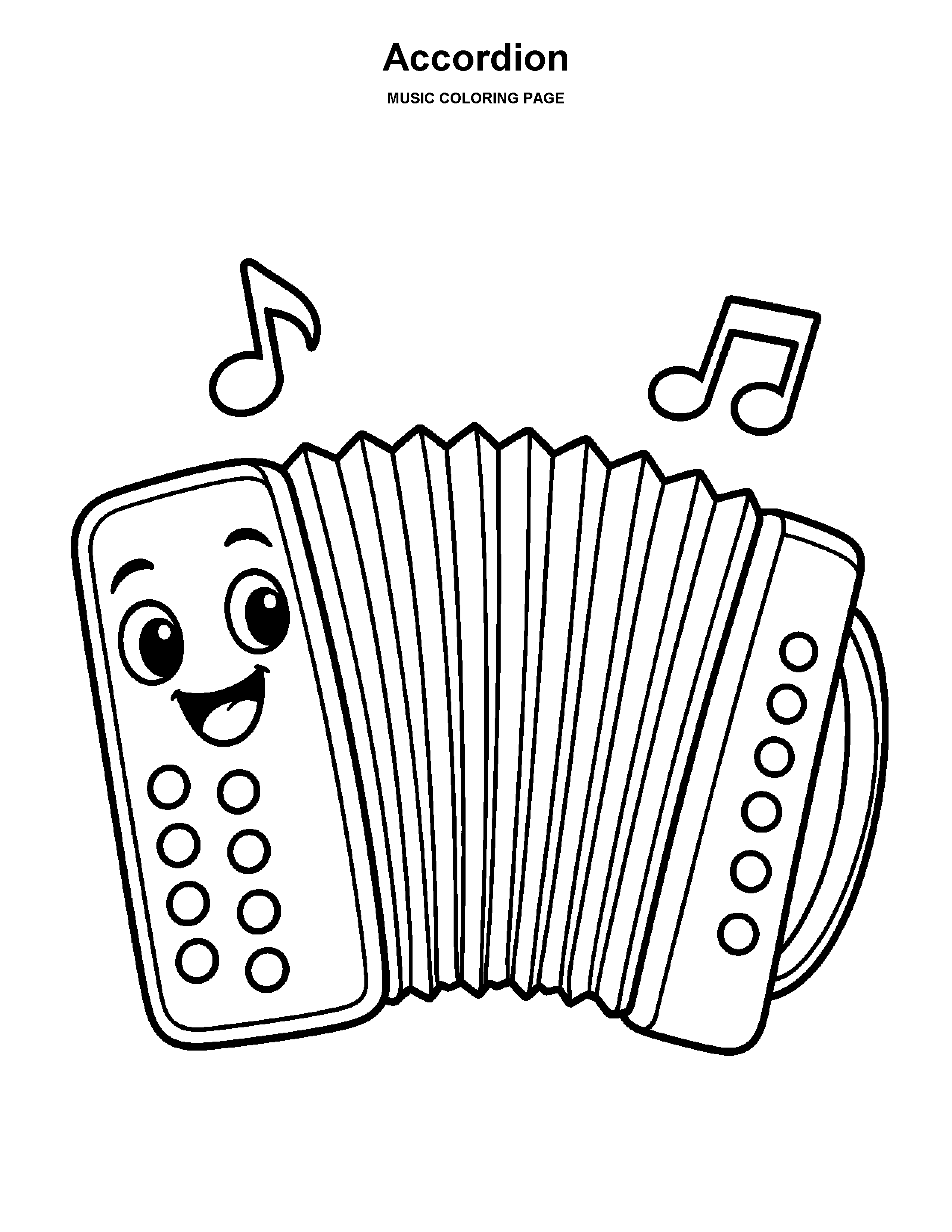 Accordion coloring page: A cheerful accordion with broad bellows and buttons.