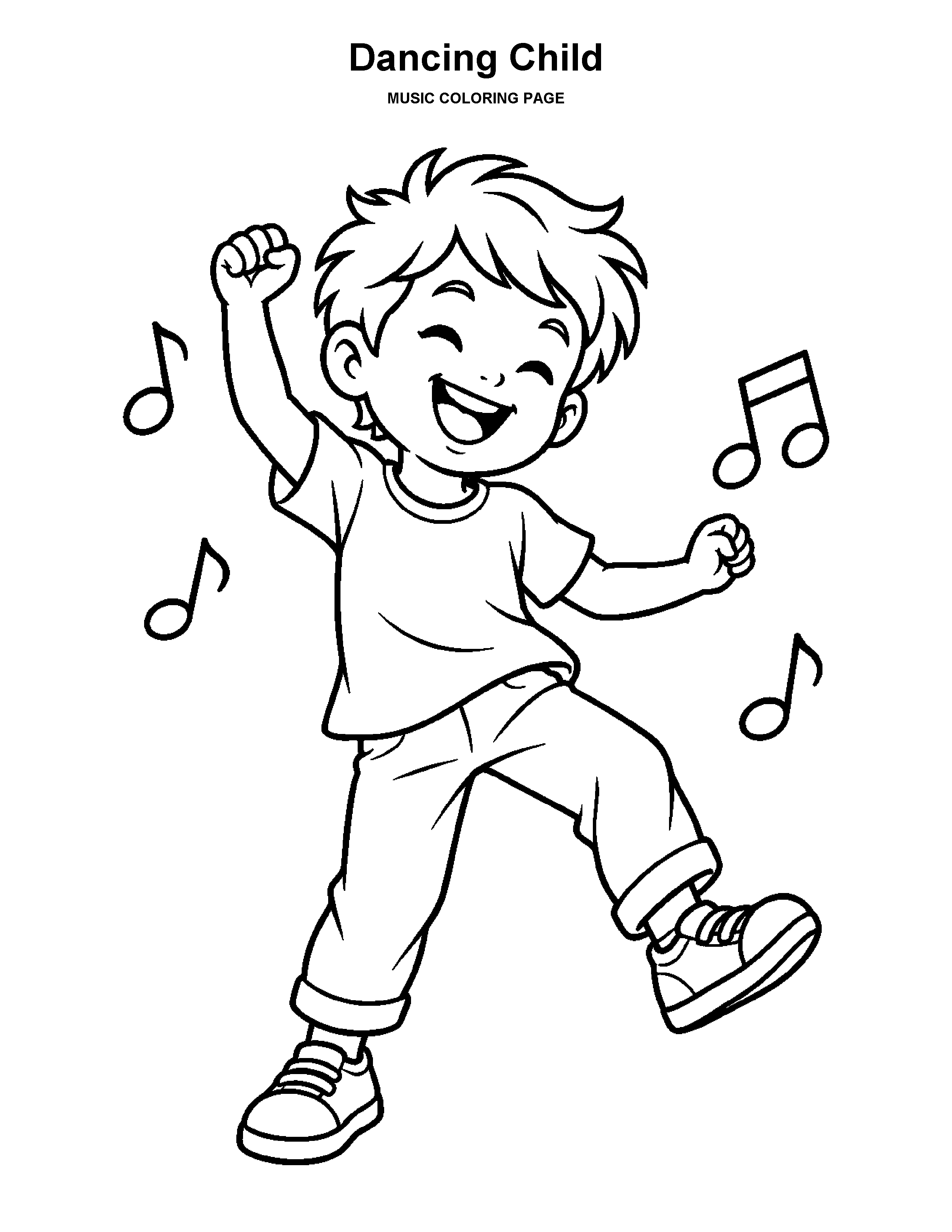 Dancing Child coloring page: A joyful child dances among musical notes.
