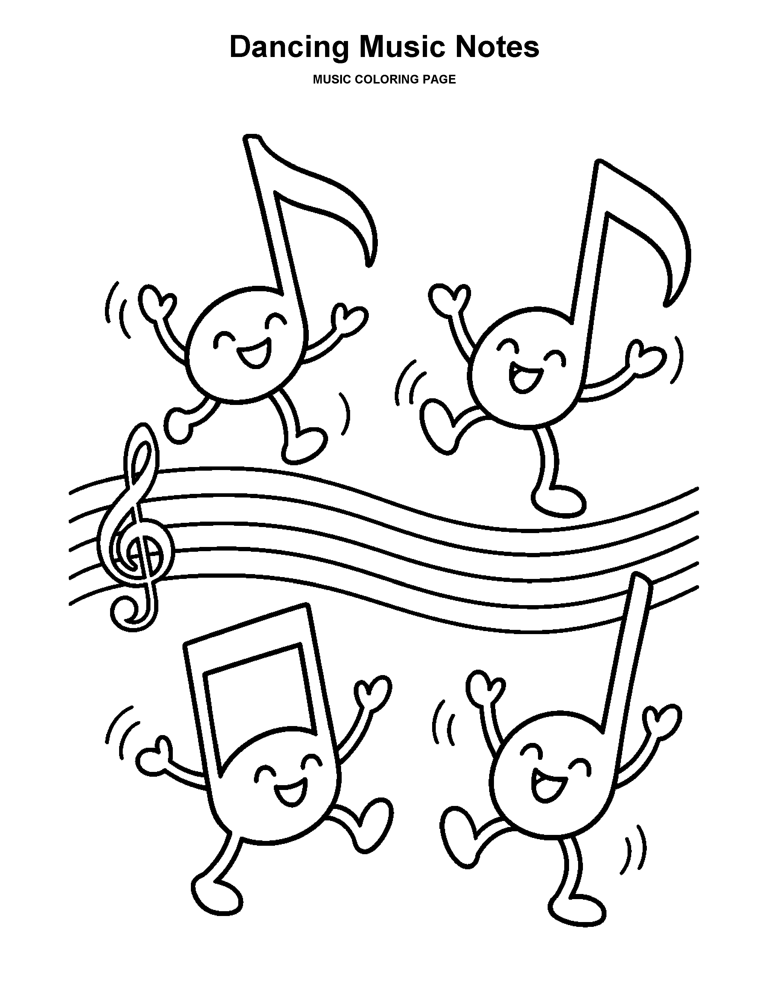 Dancing Music Notes coloring page: Smiling music notes dance across a music staff.