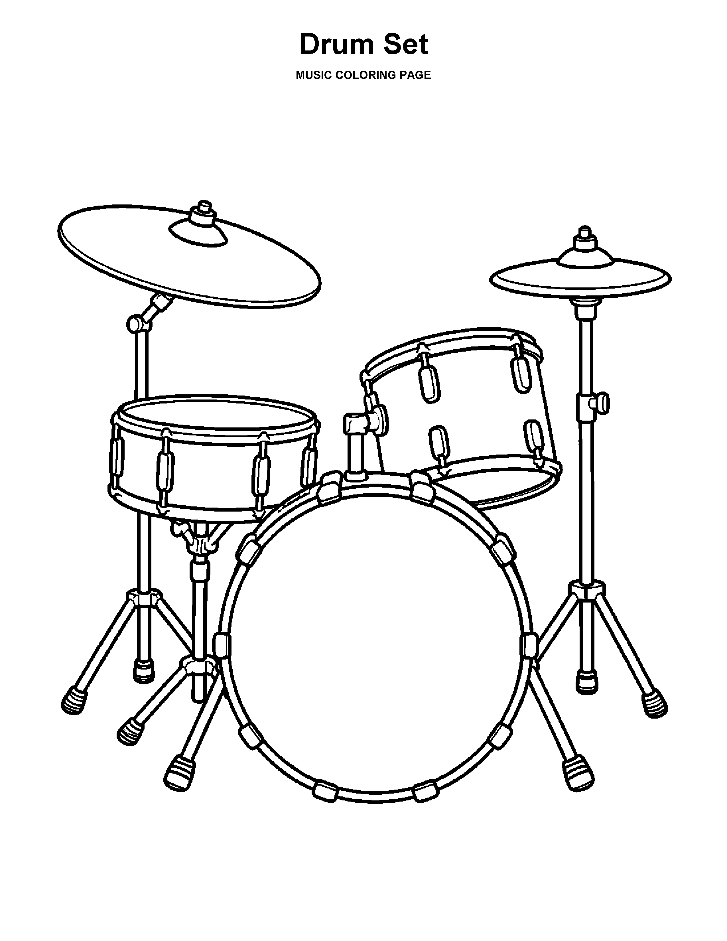Drum Set coloring page: A child-size drum set with a bass drum, snare, tom, and cymbals.