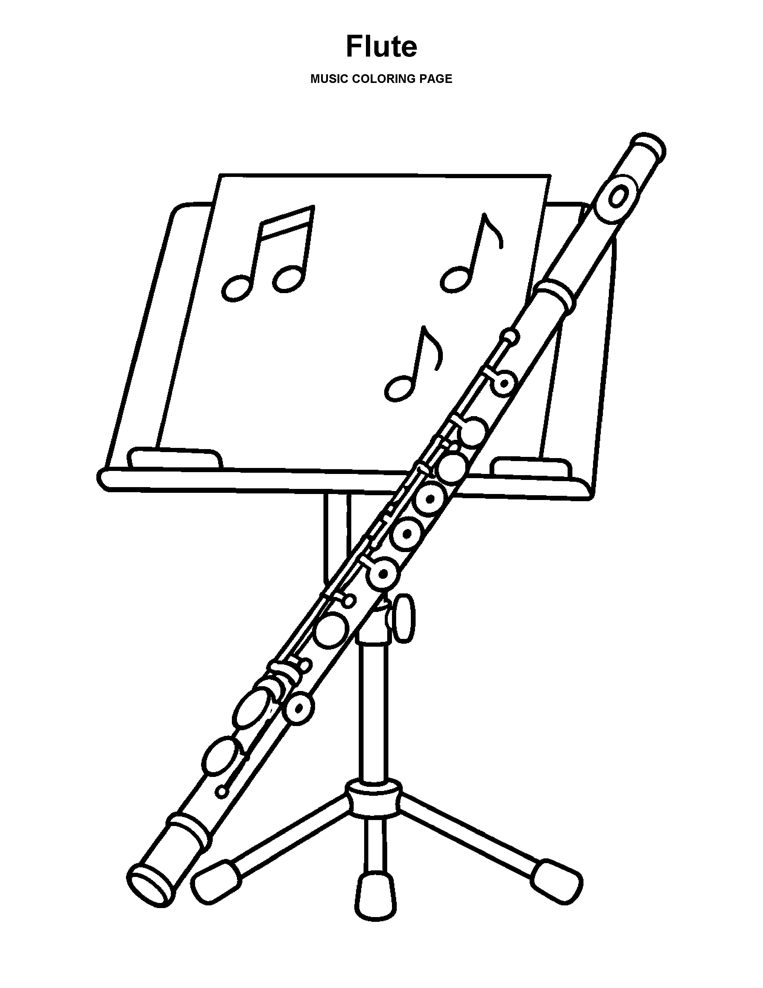 Flute coloring page: A flute resting across a simple music stand.