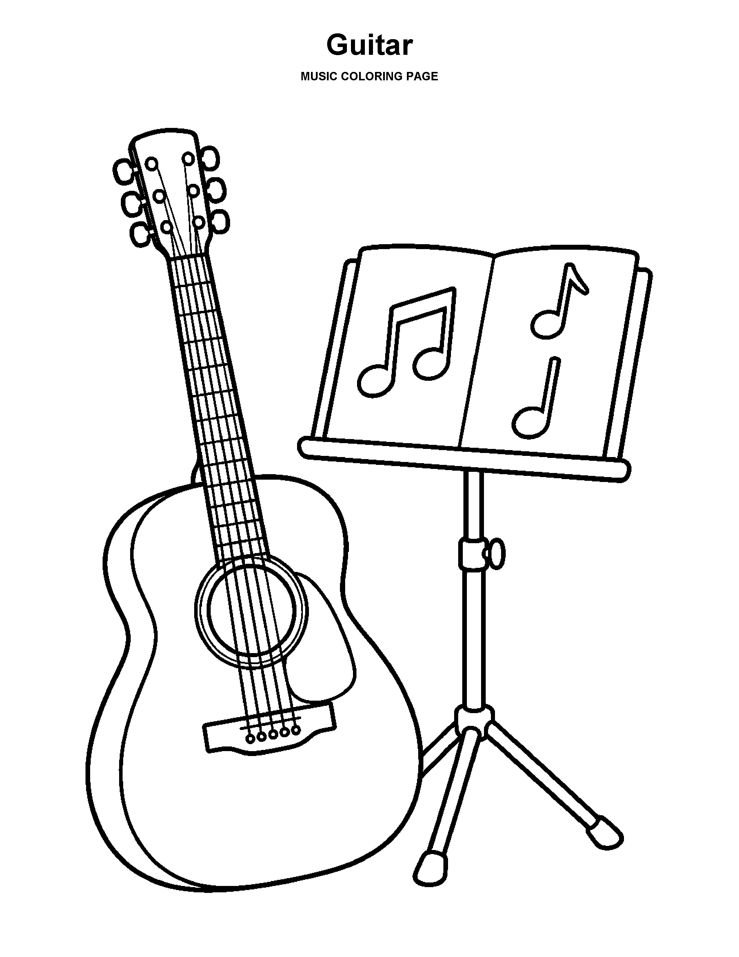 Guitar coloring page: An acoustic guitar beside a music stand.