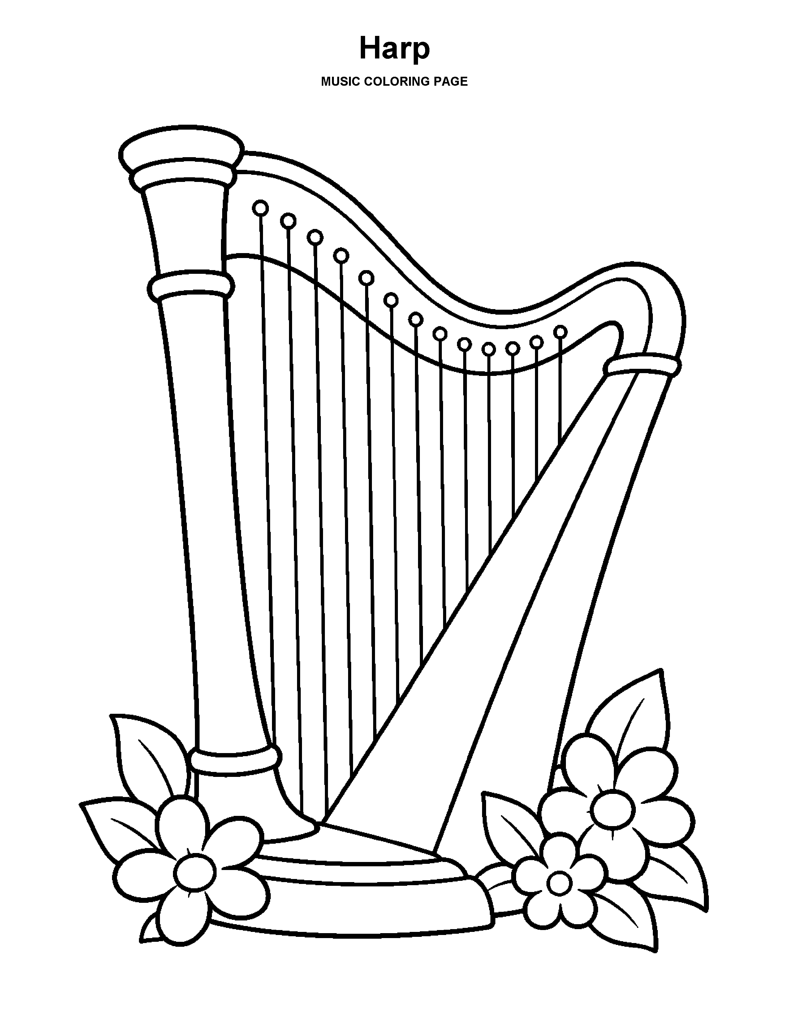 Harp coloring page: A concert harp decorated with simple flowers.