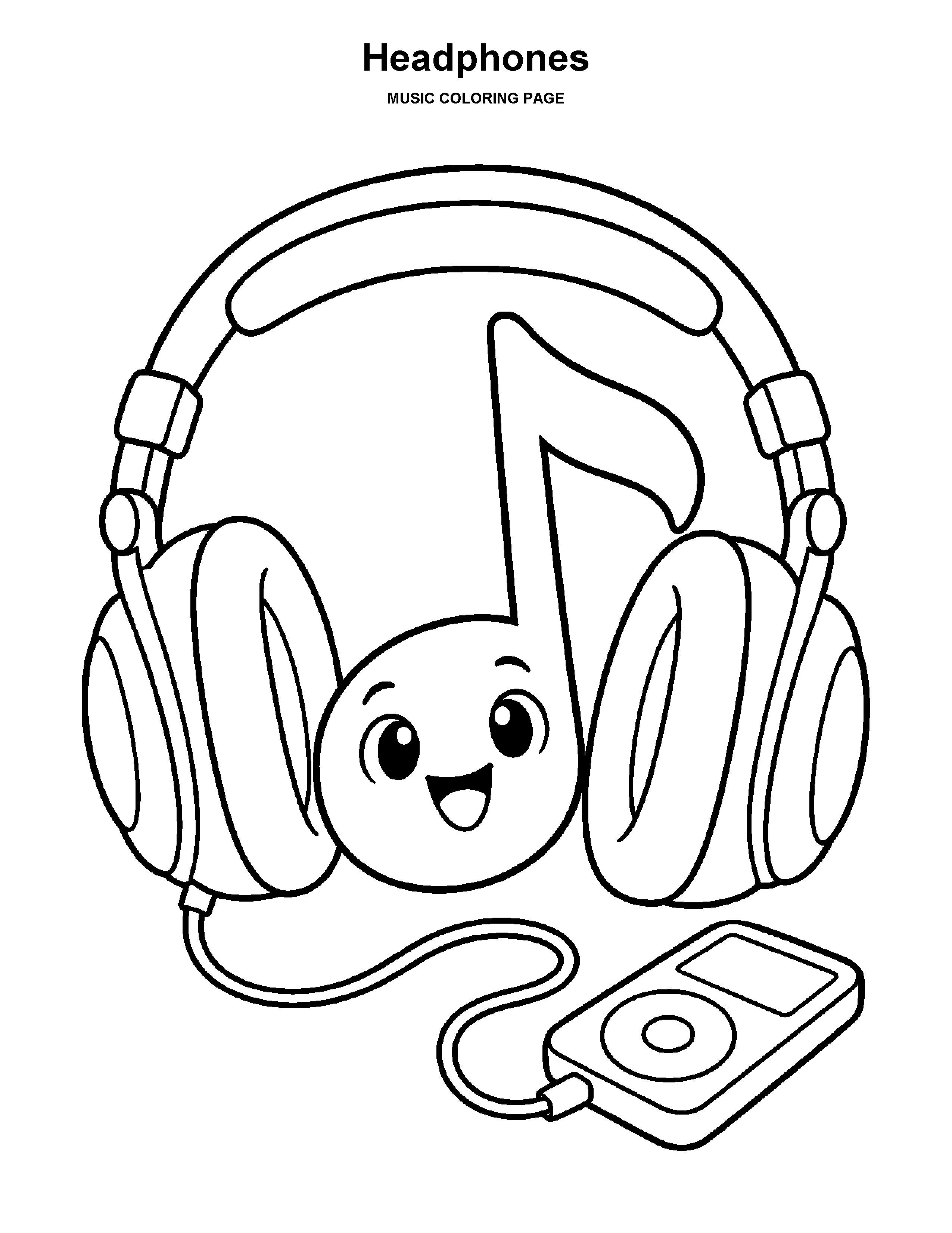 Headphones coloring page: Oversized headphones surround a smiling music note.