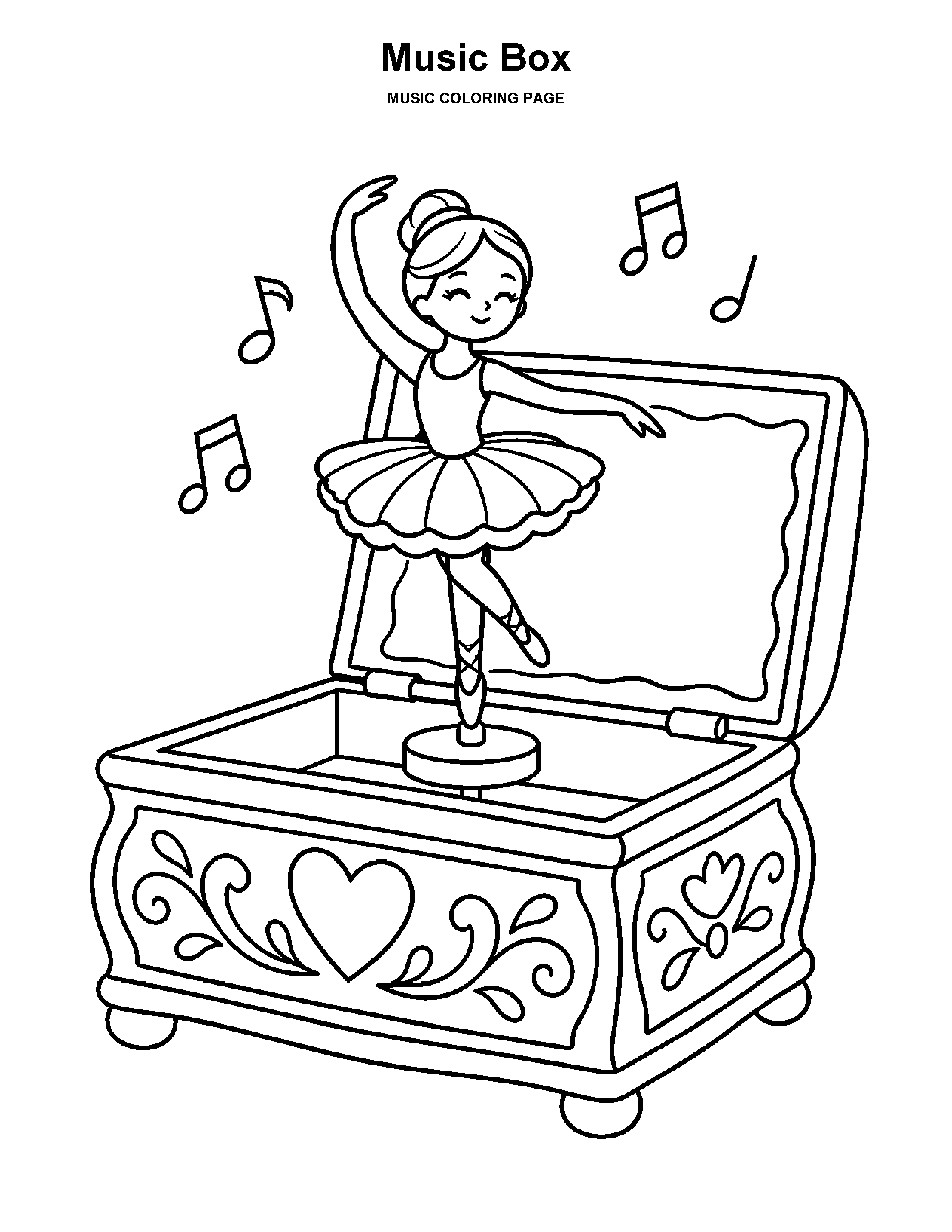 Music Box coloring page: An open music box with a dancing ballerina figure.